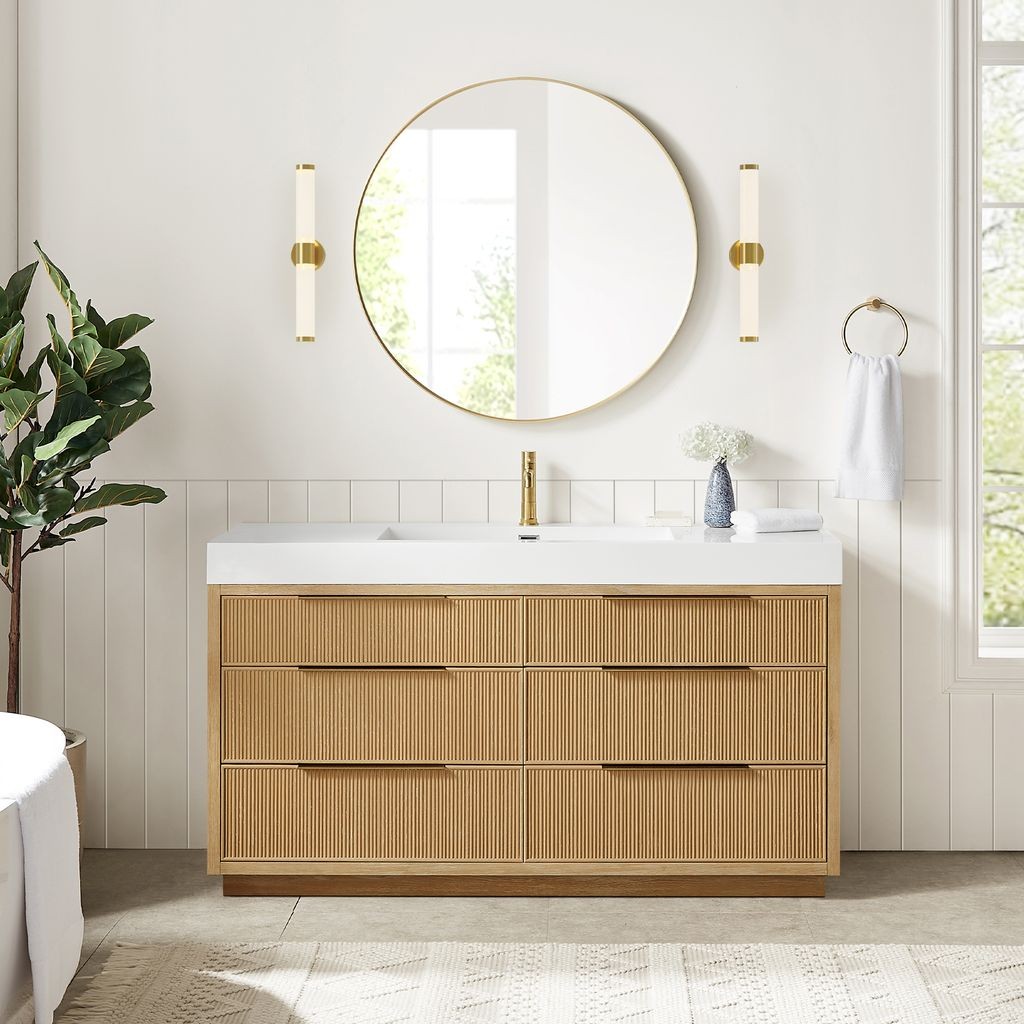 Hohhot 60″ Single Bath Vanity in Washed Ash Grey with White Stone Top