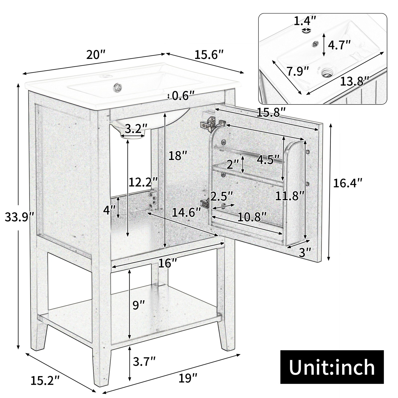 20″ Bathroom Vanity with Sink, Cabinet, Soft Close Door, White