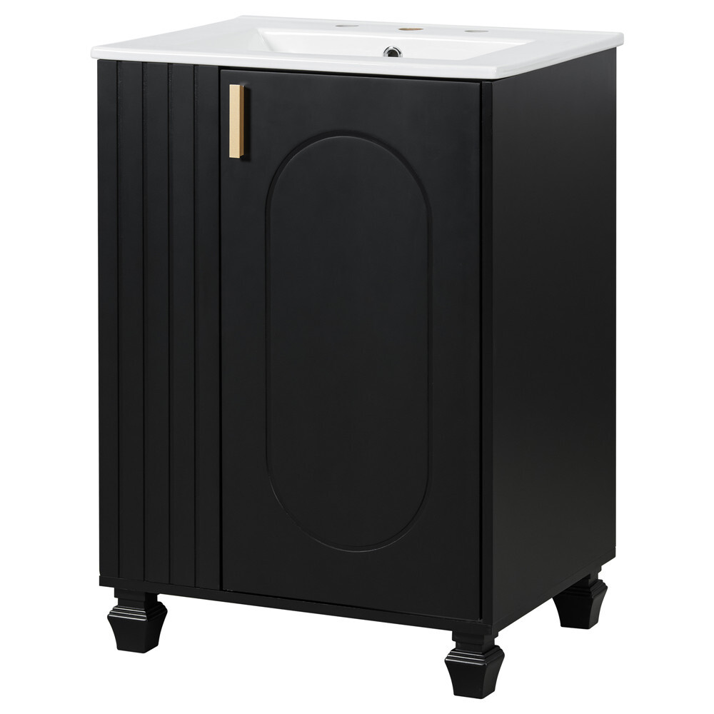 24″ Bathroom Vanity w/Ceramic Sink, Freestanding Bath Vanity Cabinet, Door Shelf