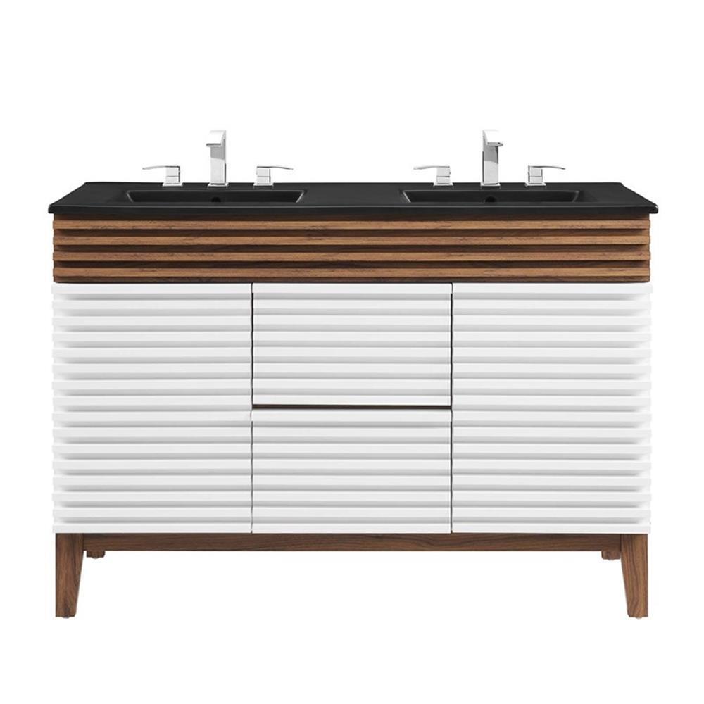 Modway Render 47.5″ MDF Wood Double Sink Bathroom Vanity in White/Walnut/Black