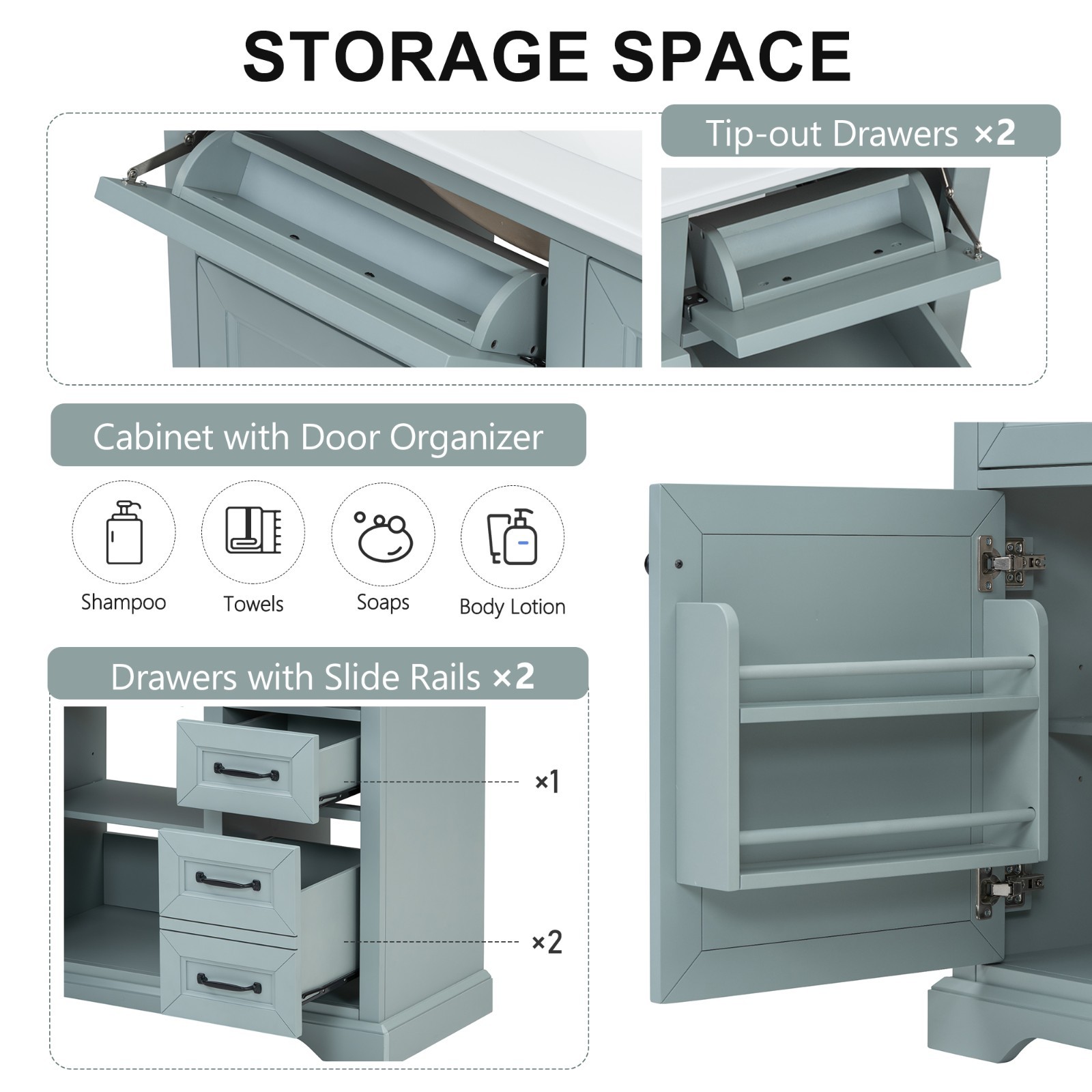 36″ Bathroom Vanity With Ceramic Sink Storage Drawers Doors 3 Faucet Holes