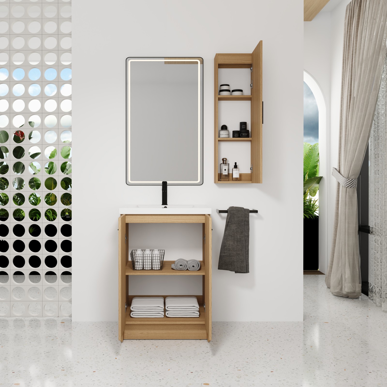 24″ Freestanding Bathroom Vanity Set with Tall Linen Cabinet, Light Oak