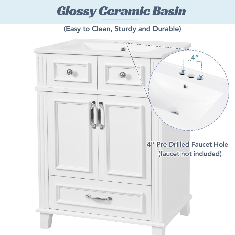 24″ Bathroom Vanity w/ Ceramic Sink, Solid Wood Frame, Soft Close Doors, White