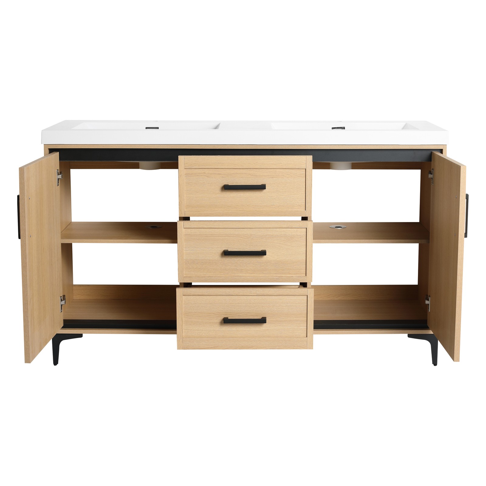 60 in Plywood Bathroom Vanity Freestanding W/Double Resin Sink +2 Doors 3Drawers