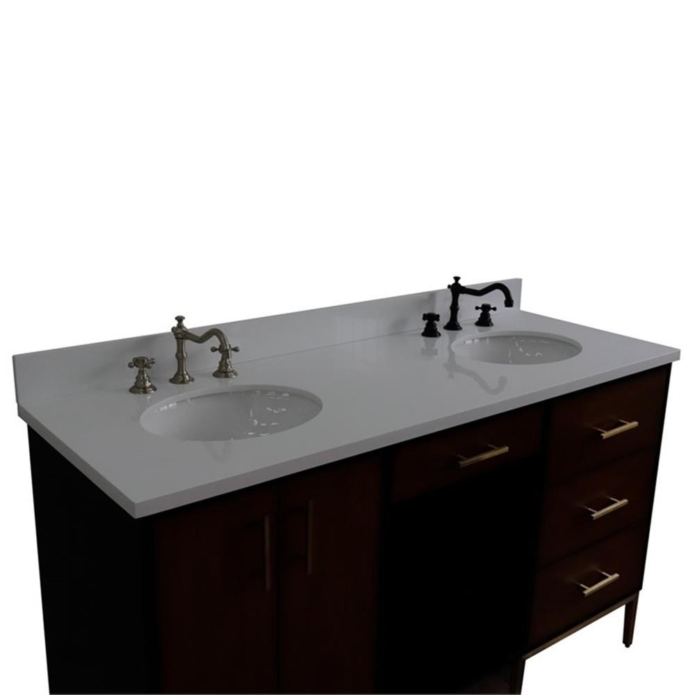 61 in. Double Wooden Vanity Walnut Black White Quartz Oval Sink
