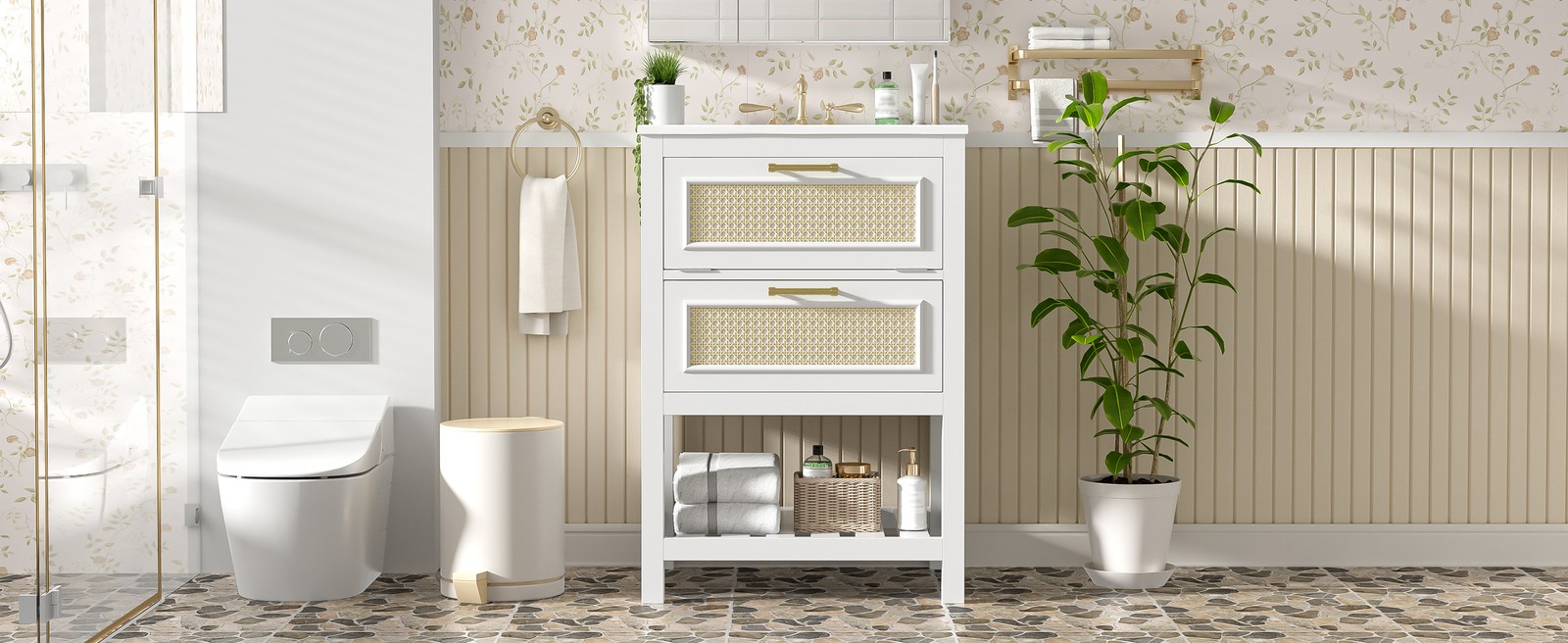 24″ White Bathroom Vanity with Ceramic Sink and 2 Drawers