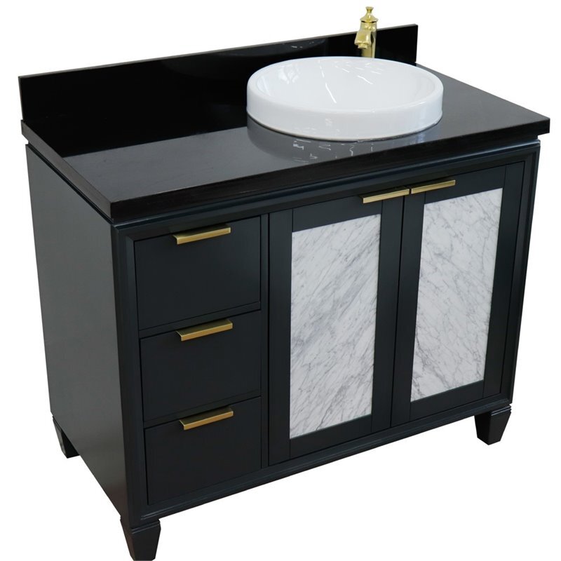 Trento Solid Wood Vanity with Right Round Sink in Gray/Black Galaxy