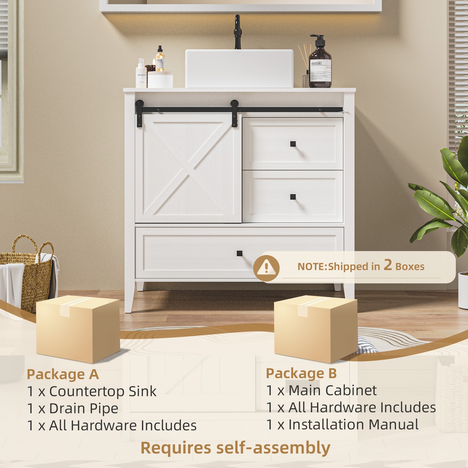 36inch Bathroom Vanity Ceramic Storage Cabinet Sink Organizer Vessel Sink White