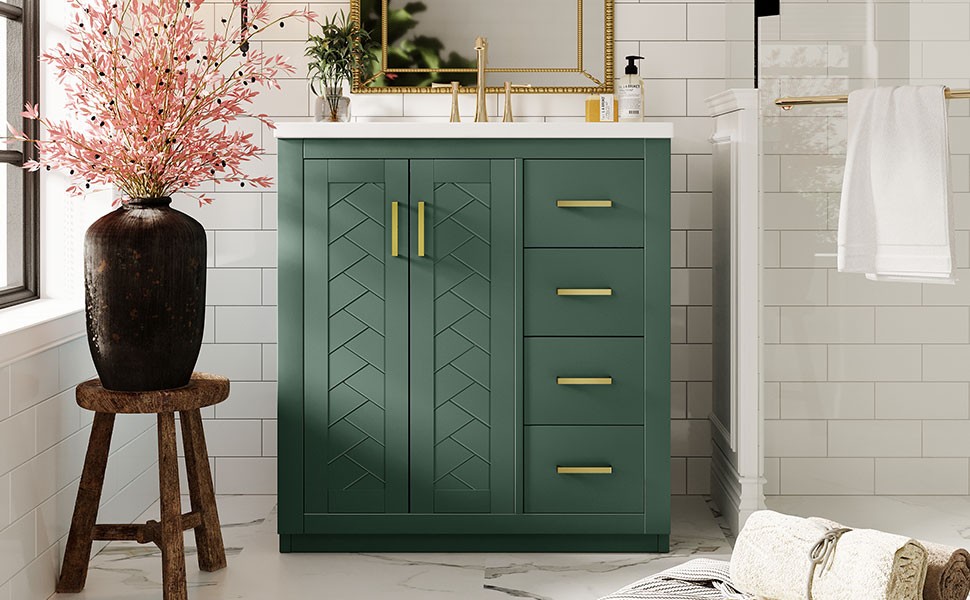 30″ Bathroom Vanity with Ceramic Sink, Solid Wood Frame, 3 Drawers
