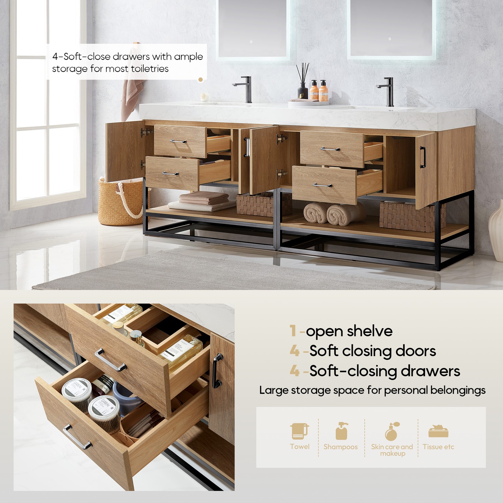 Vinnova Alistair 84″ White Stone Top Oak Double Vanity Black Frame w/o Mirror