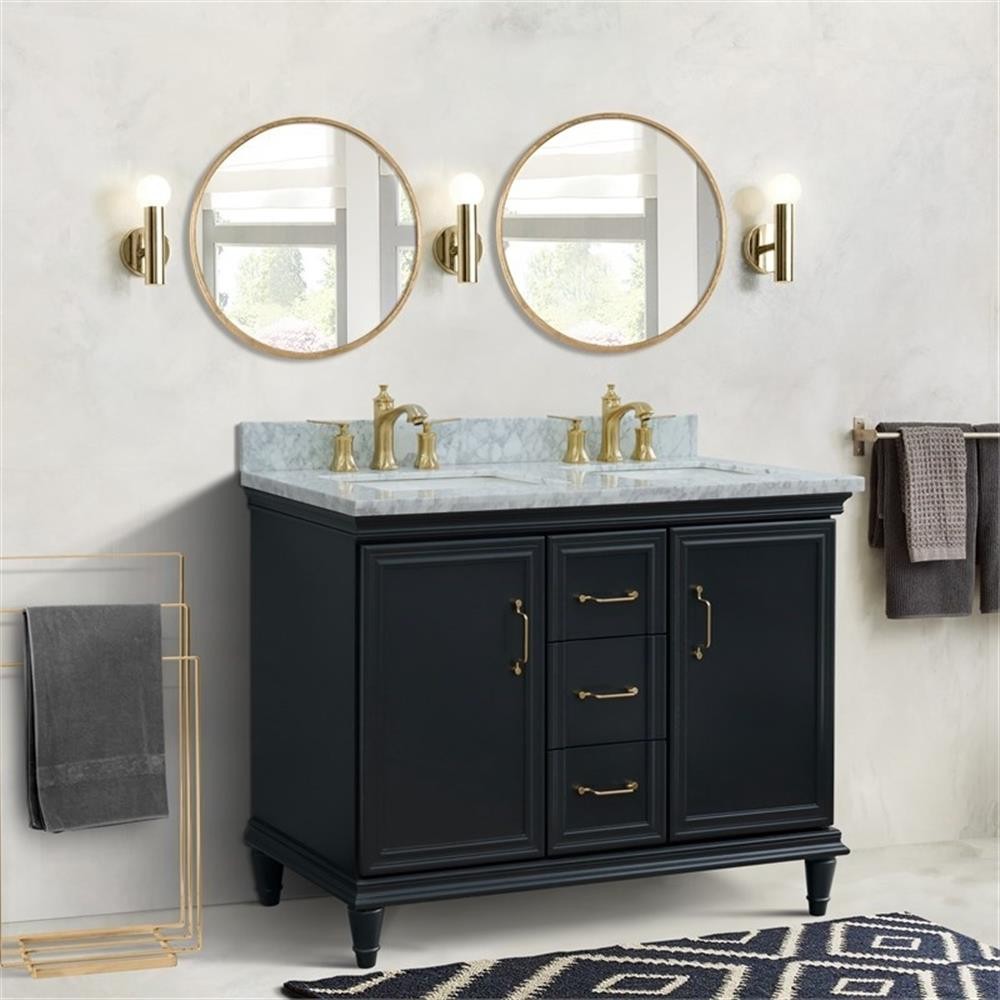 49 in. Double Wooden Vanity Dark Gray with White Carrara Rectangle Sink