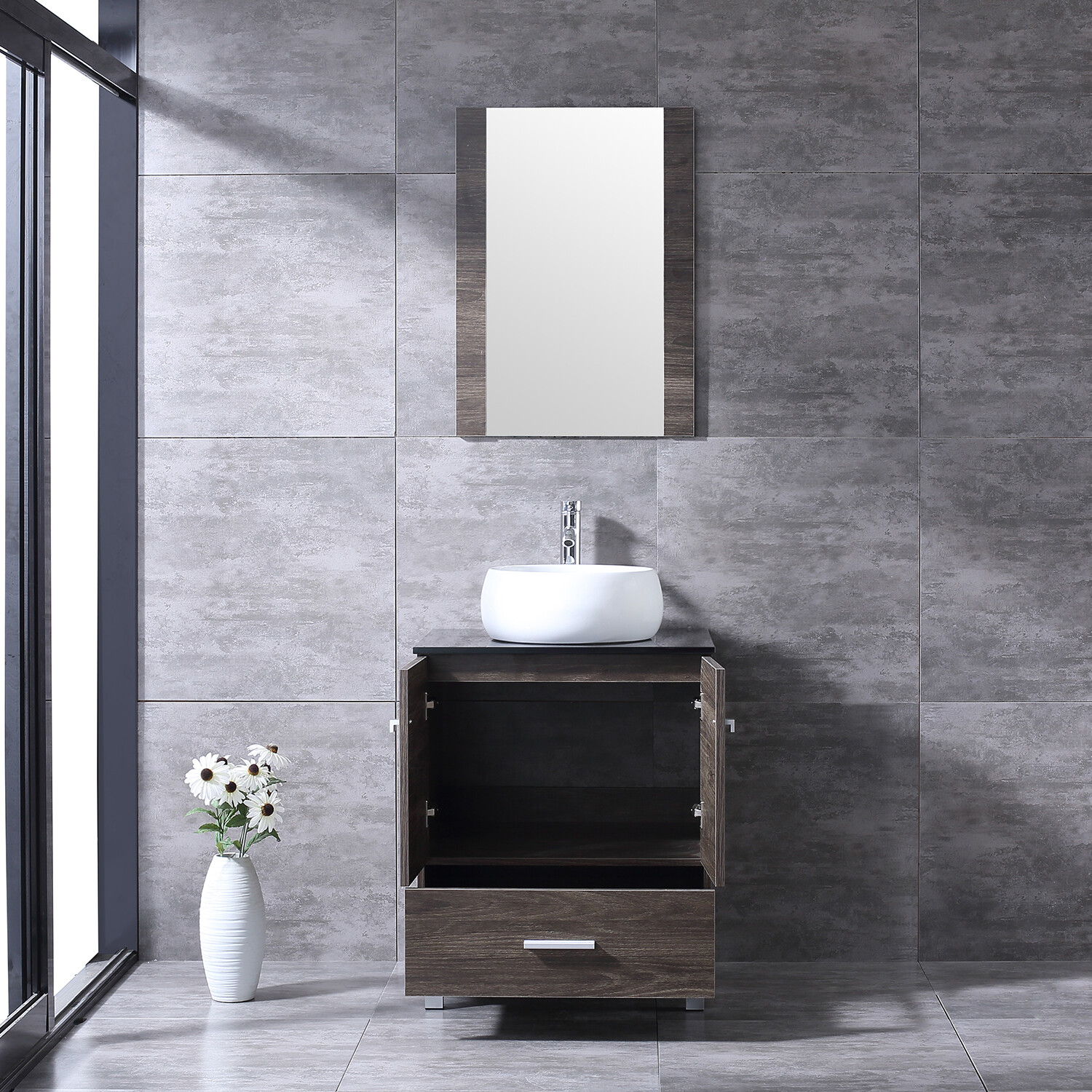 24″Bathroom Vanity Wood Cabinet White Ceramic Sink Bowl Basin Brown Mirror Combo