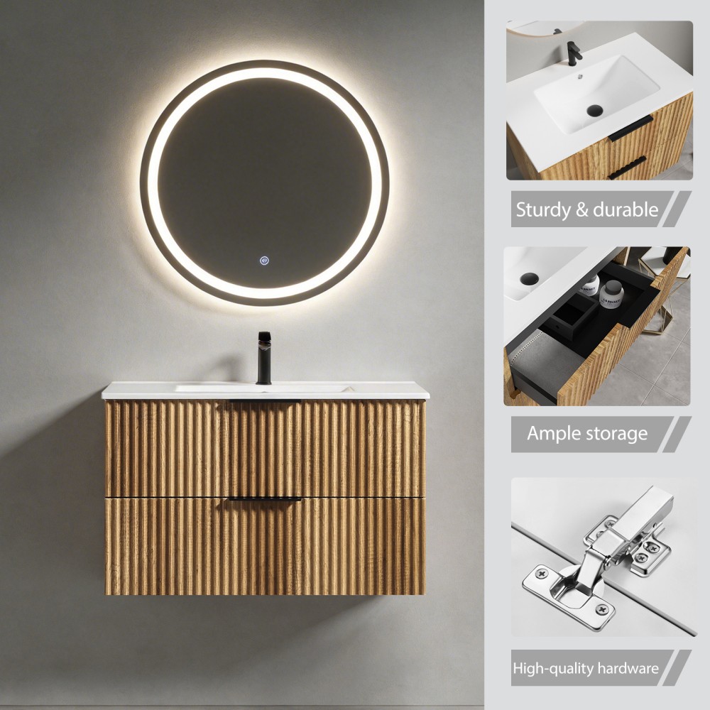 35.04 in Modern Golden Oak Floating Vanity with Ceramic Sink