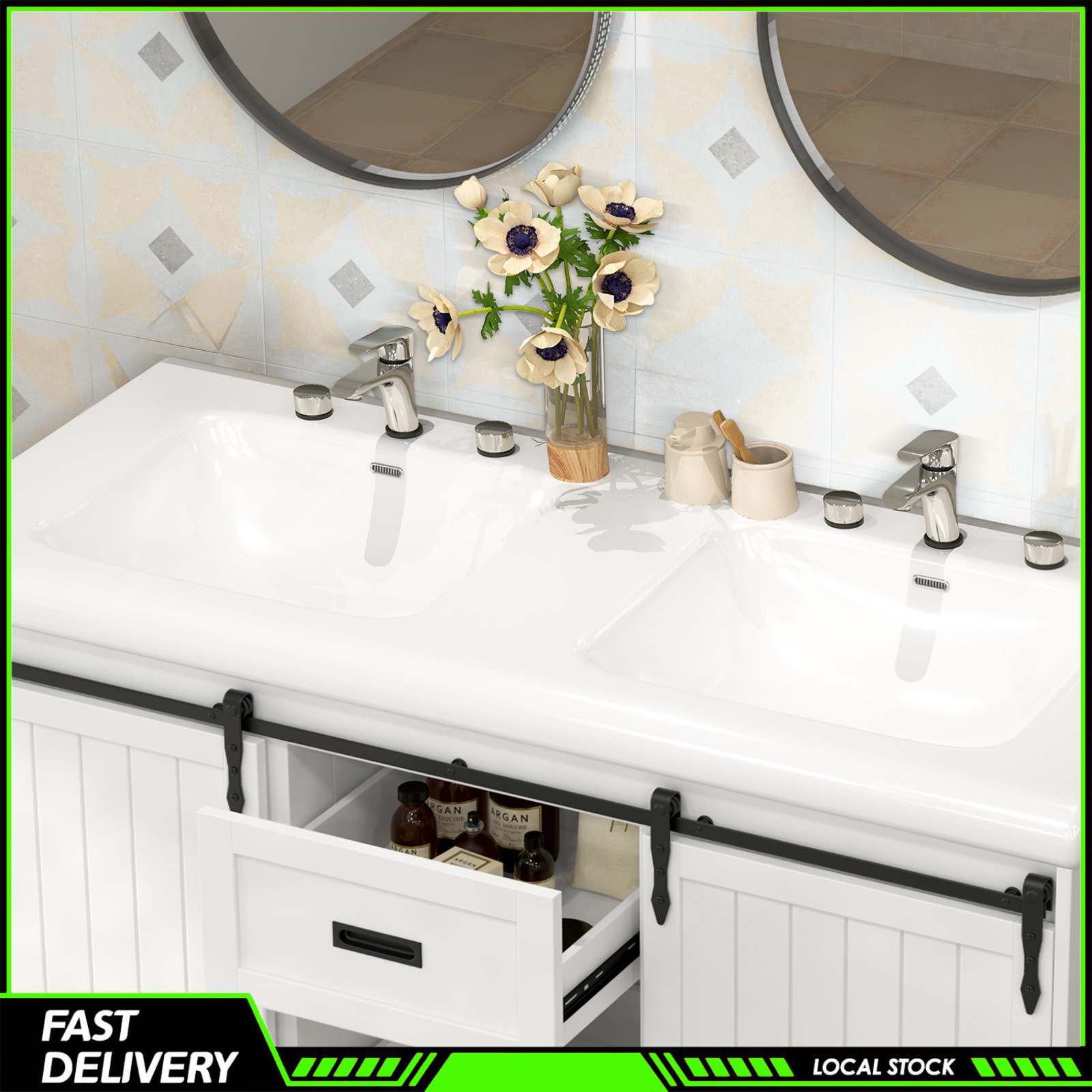 Modern 47″ White Bathroom Vanity Double Ceramic Sinks 2 Drawers 2 Sliding Doors