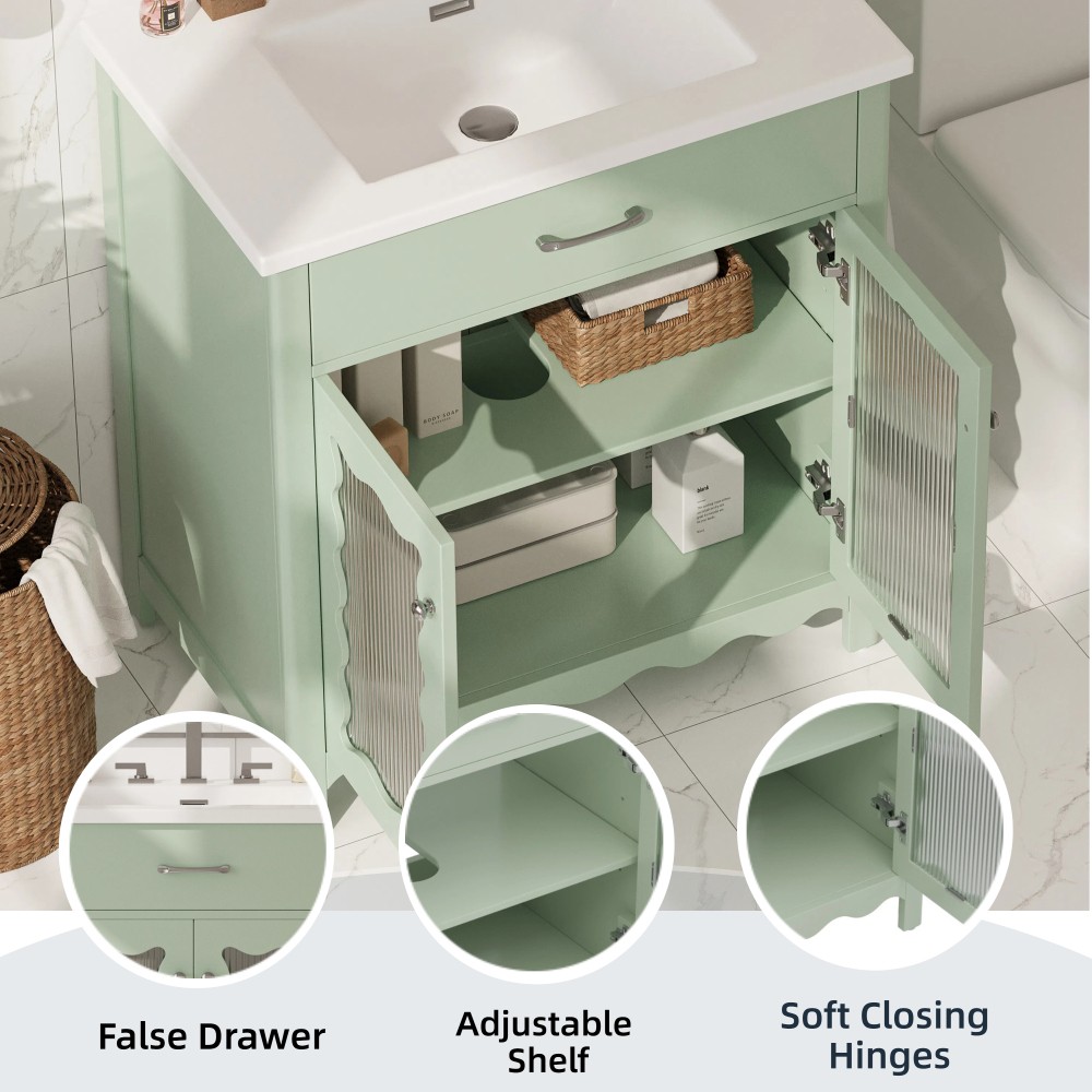 31″Bathroom Vanity Freestanding with Tempered Sink, Modern Storage Cabinet