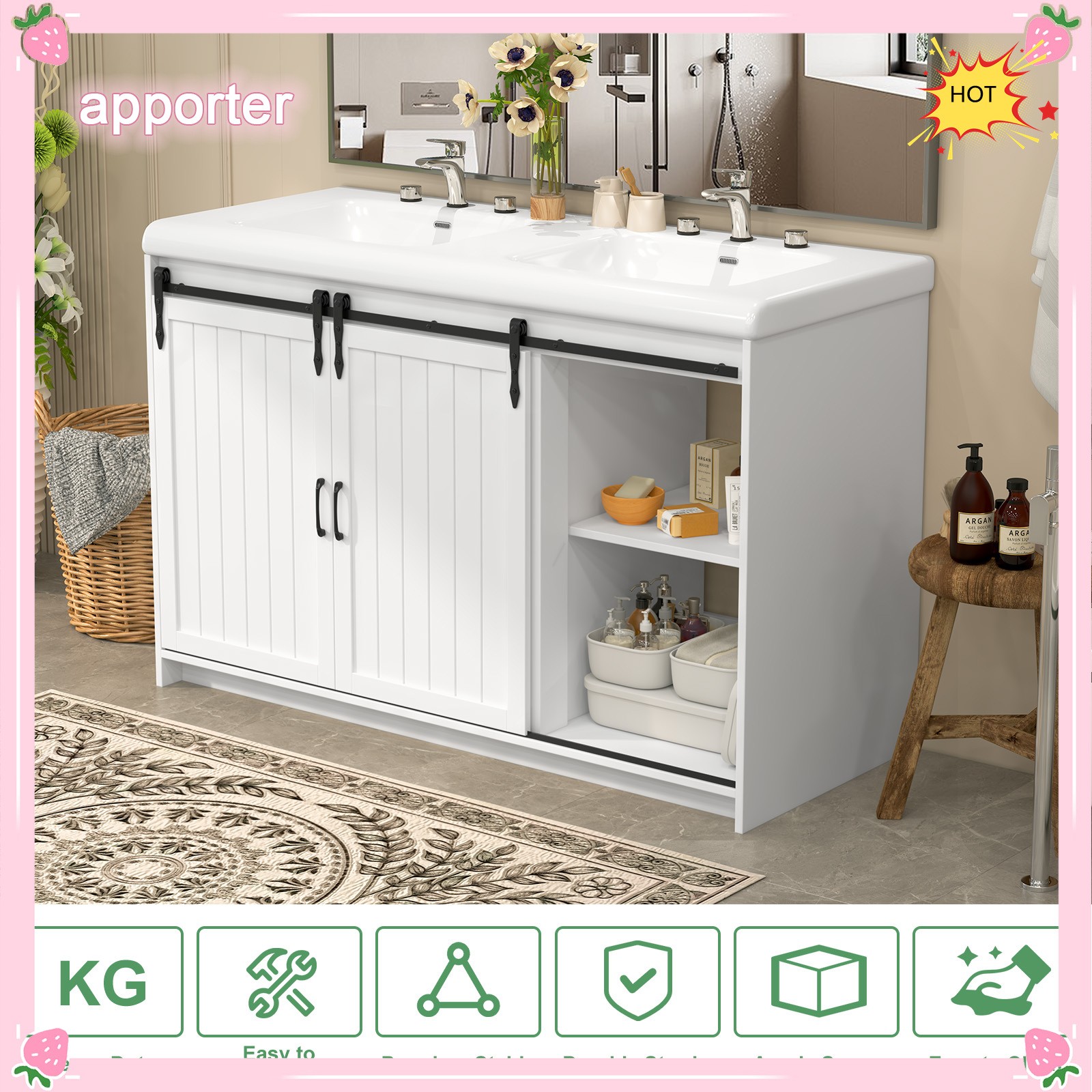 47.3″ Bathroom Double Sink Vanity Cabinet Ceramic Vessel Double Sink Cabinet US