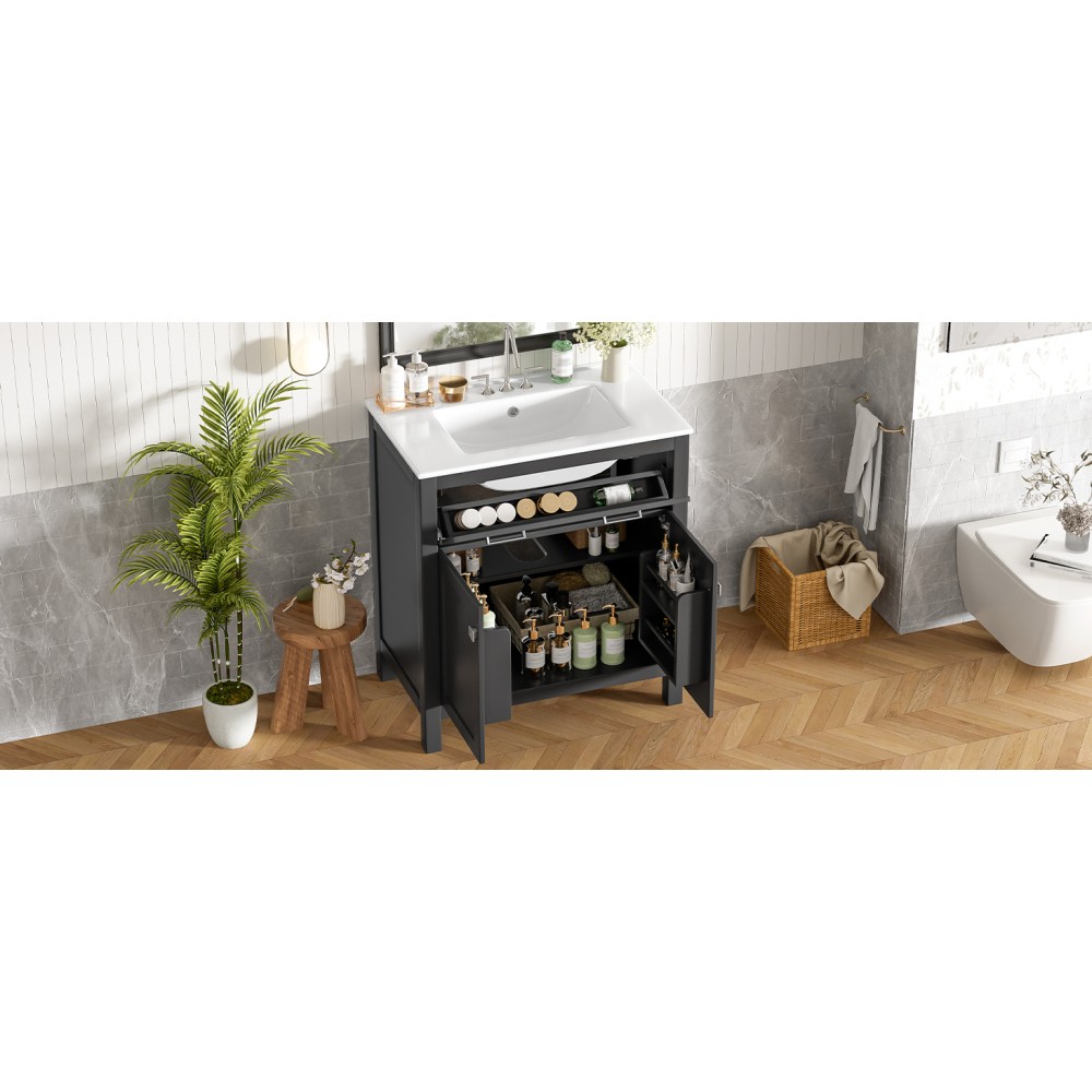 30″ MDF Bathroom Vanity Ceramic Sink Soft Close 2 Doors Adjustable Shelf Storage