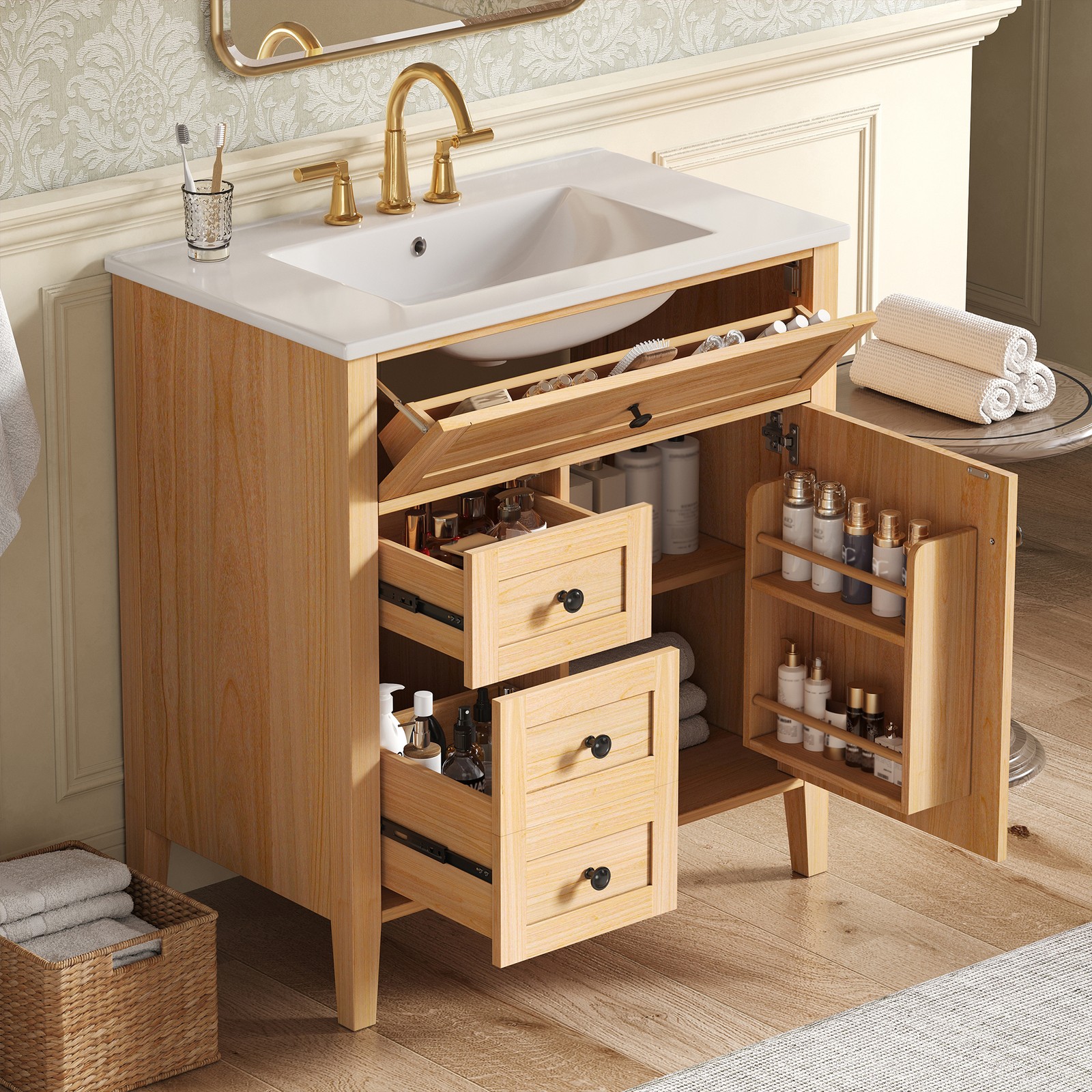 30″ Bathroom Vanity with Sink, 3 Drawers, Freestanding Vanity Storage Cabinet