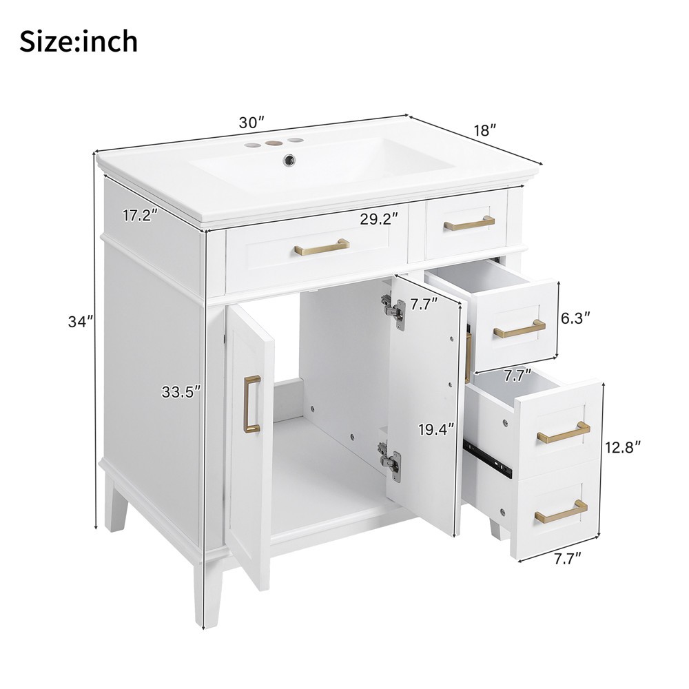 30″ Bathroom Vanity w/Sink, Freestanding Vanity Storage Cabinet, 2 Drawers,Doors
