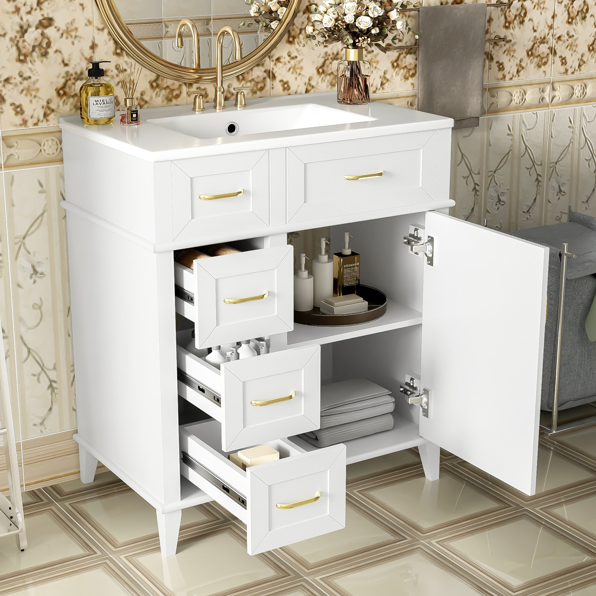 30″ Bathroom Vanity w/Sink, 3 Drawers, Freestanding Vanity Cabinet, Adjust Shelf