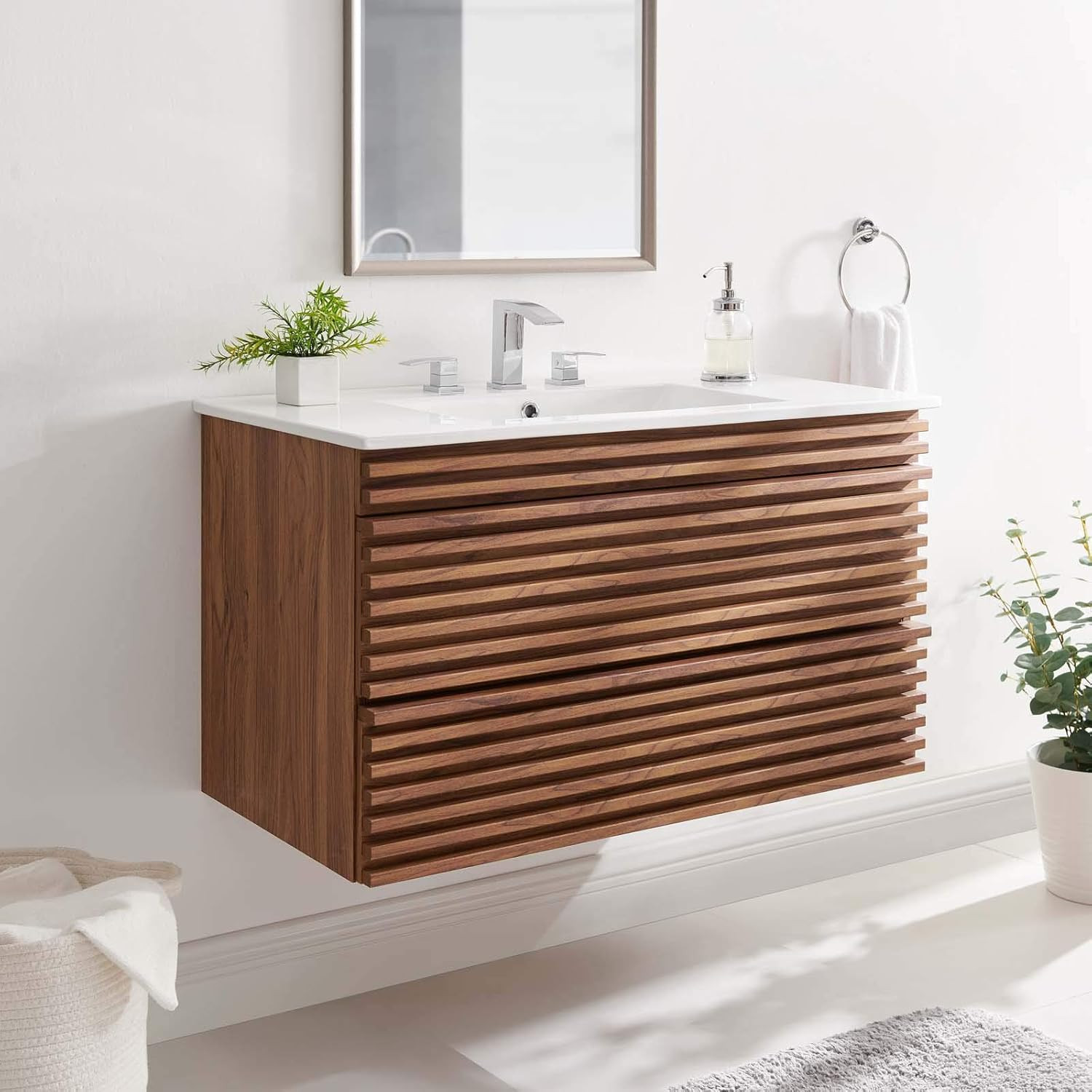 Elegant 36″ Walnut & White Wall-Mount Bathroom Vanity for Modern Spaces