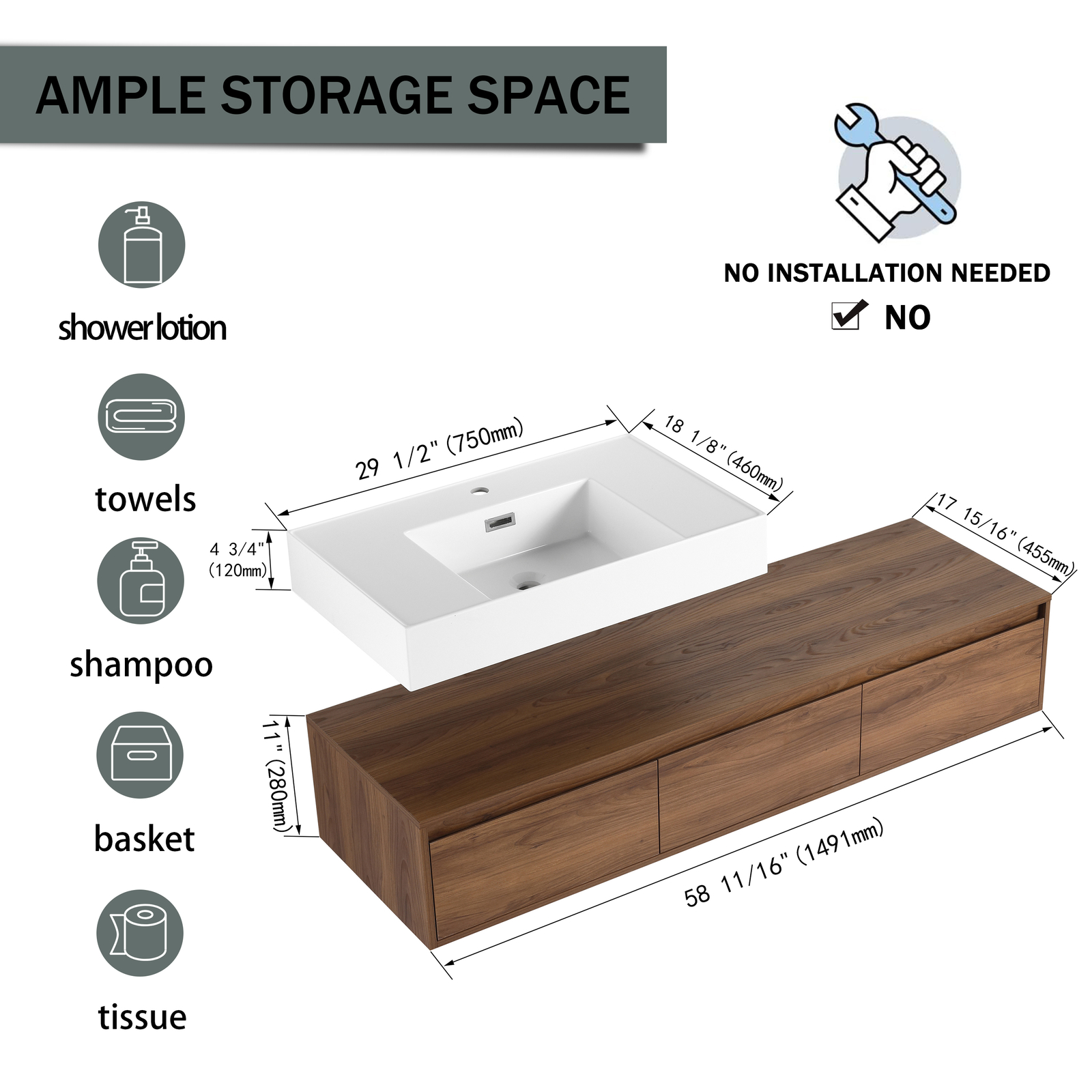 60 in Wooden Floating Wall-Mounted Bathroom Vanity W/ Single Resin Sink +Drawers