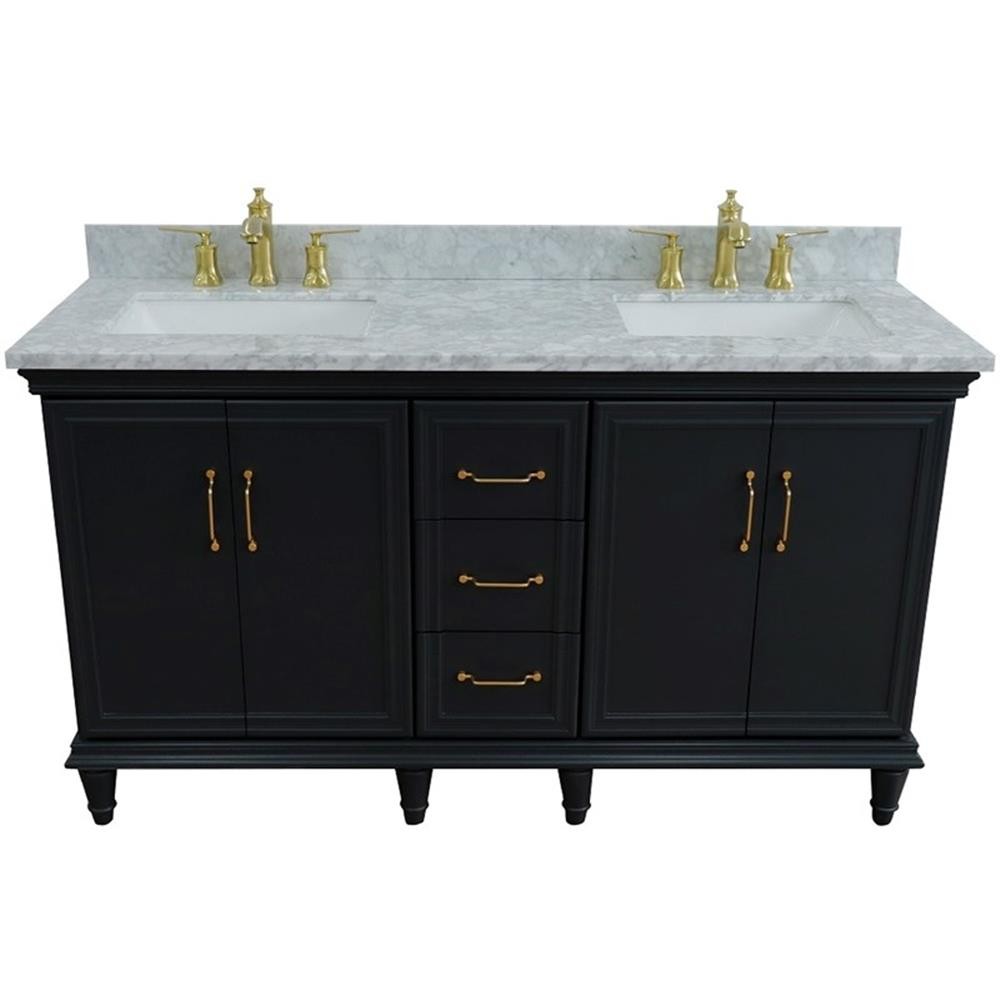 61 in. Double Wooden Vanity Dark Gray White Carrara Marble Rectangle Sink