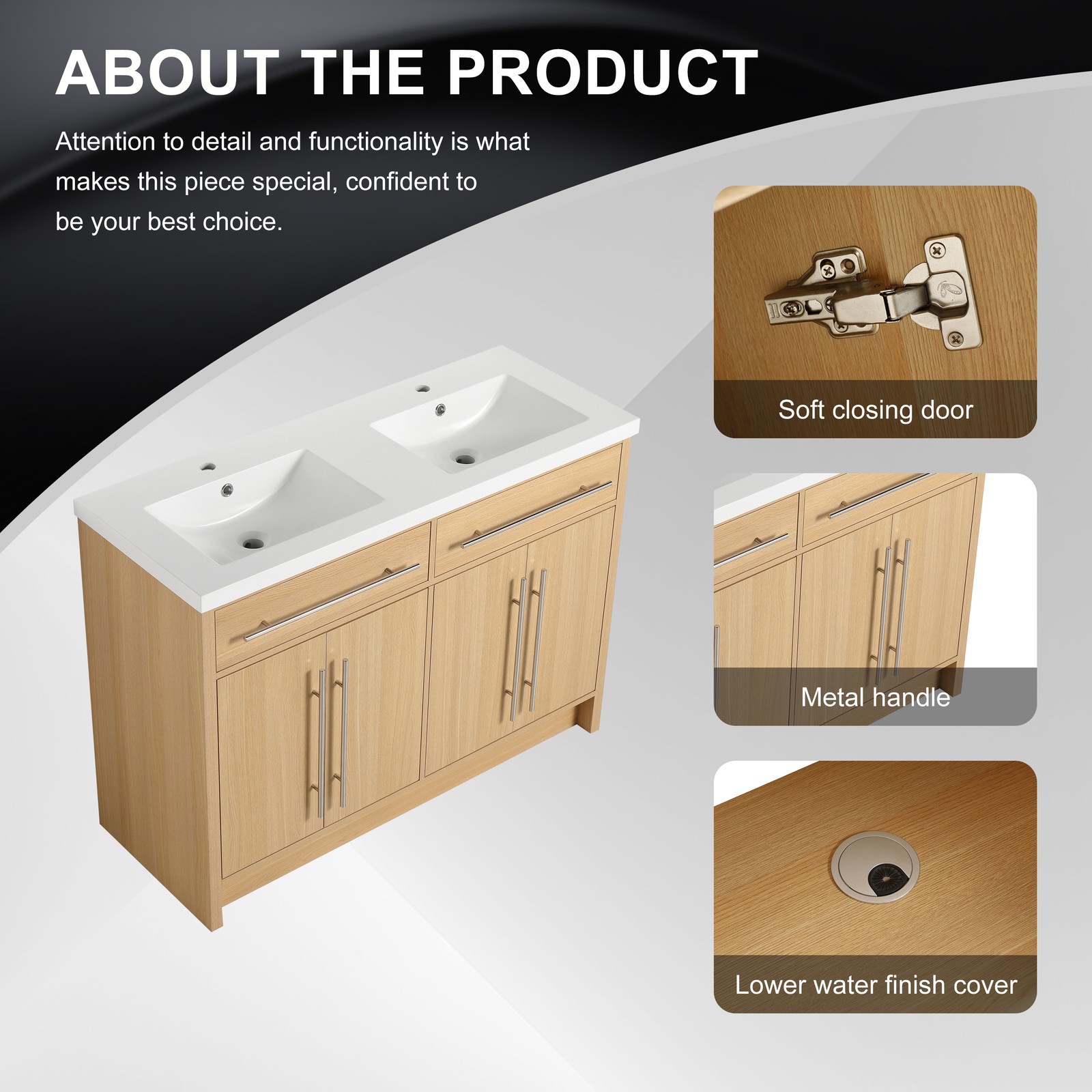 48 inch Plywood Bathroom Vanity Freestanding Double Resin Sink Storage W/2 Doors