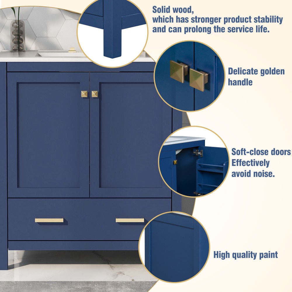 30″ Transitional Bathroom Vanity,Ceramic Sink,2 Door Cabinet & Drawer,Solid Wood