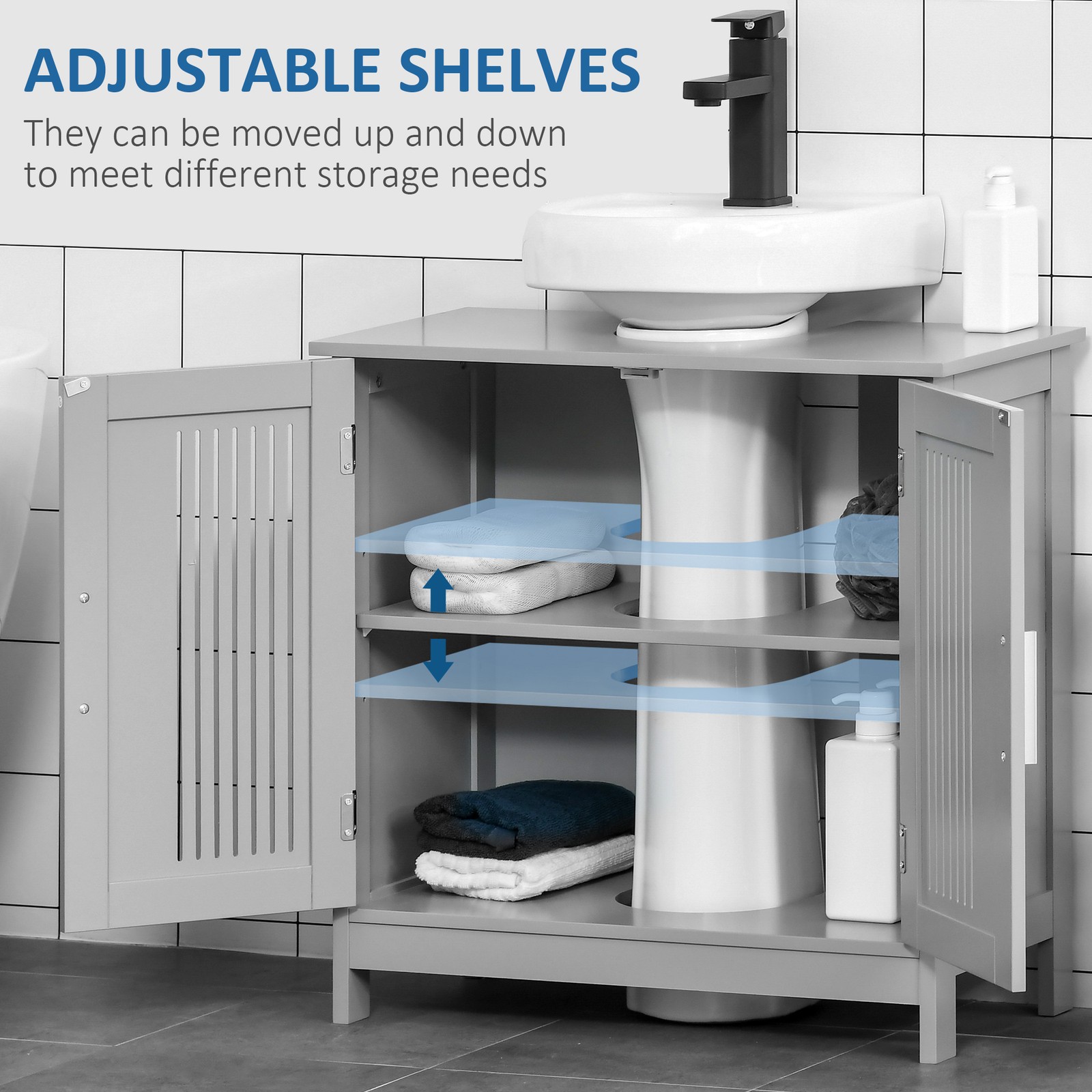 Bathroom Under Sink Cabinet Vanity Unit w/ Shelves, Grey, Used