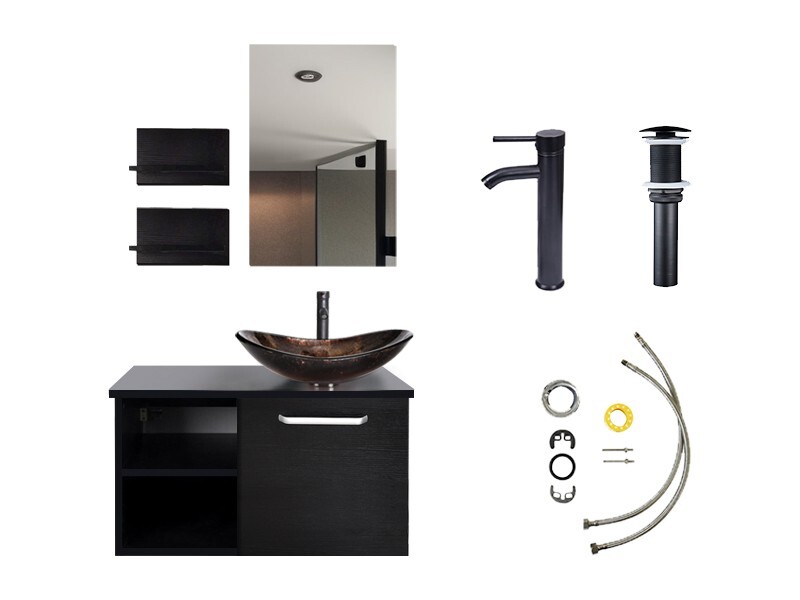 28″ Floating Bathroom Vanity Set Tempered Glass Vessel Sink Wall Mounted Cabinet
