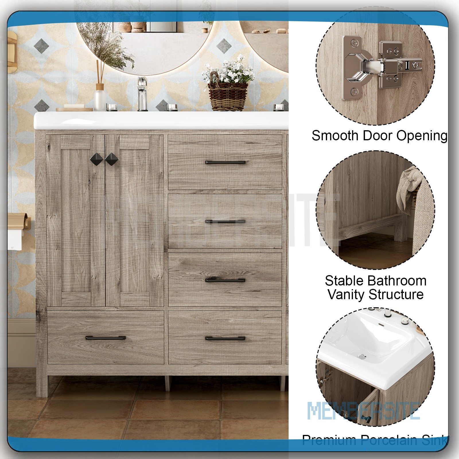 Bathroom Vanity 47.3″ Vanity Top w/Double Sink Ceramic & Drawers Freestanding