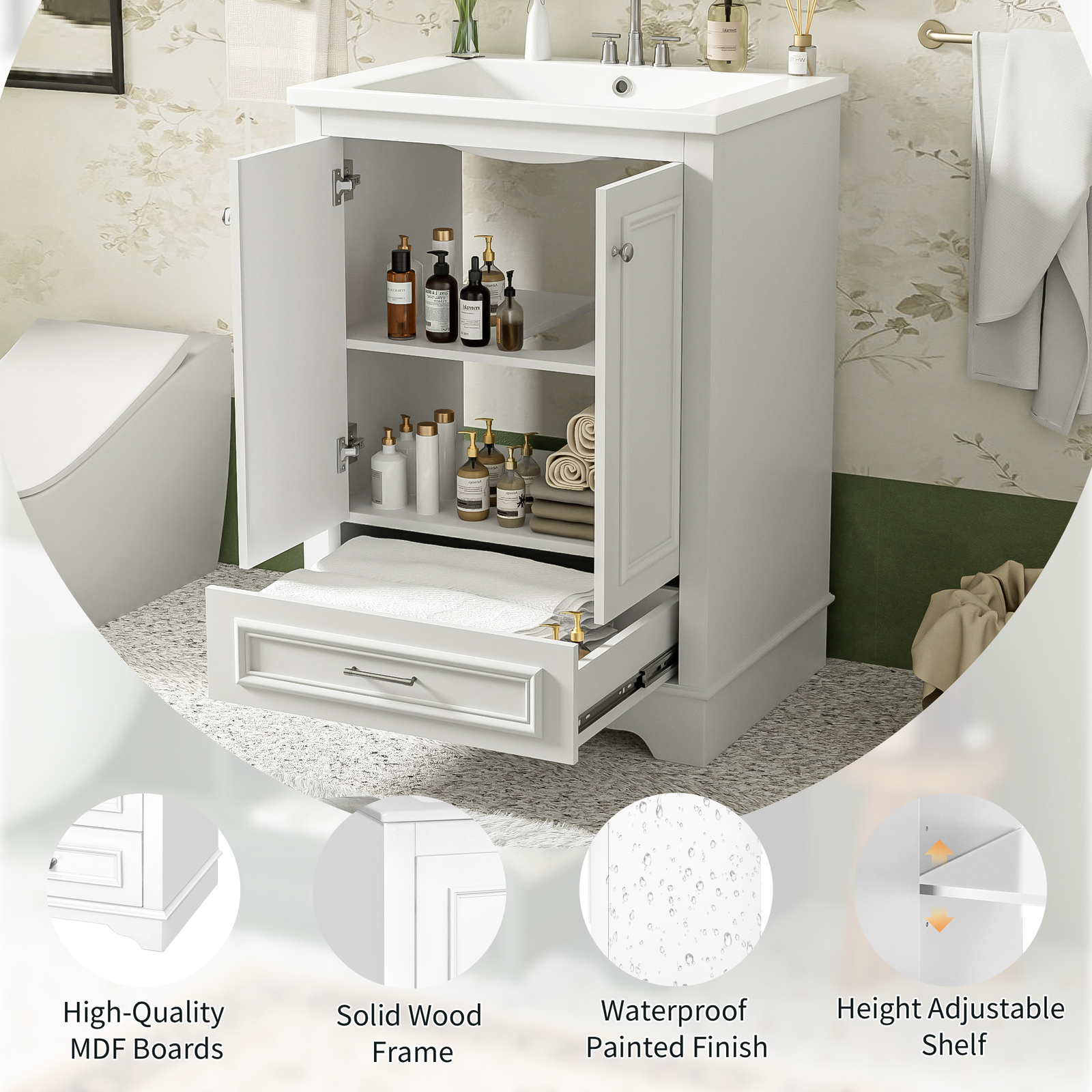 24” Bathroom Vanity w/Ceramic Sink Combo, Modern Freestanding Storage Cabinet