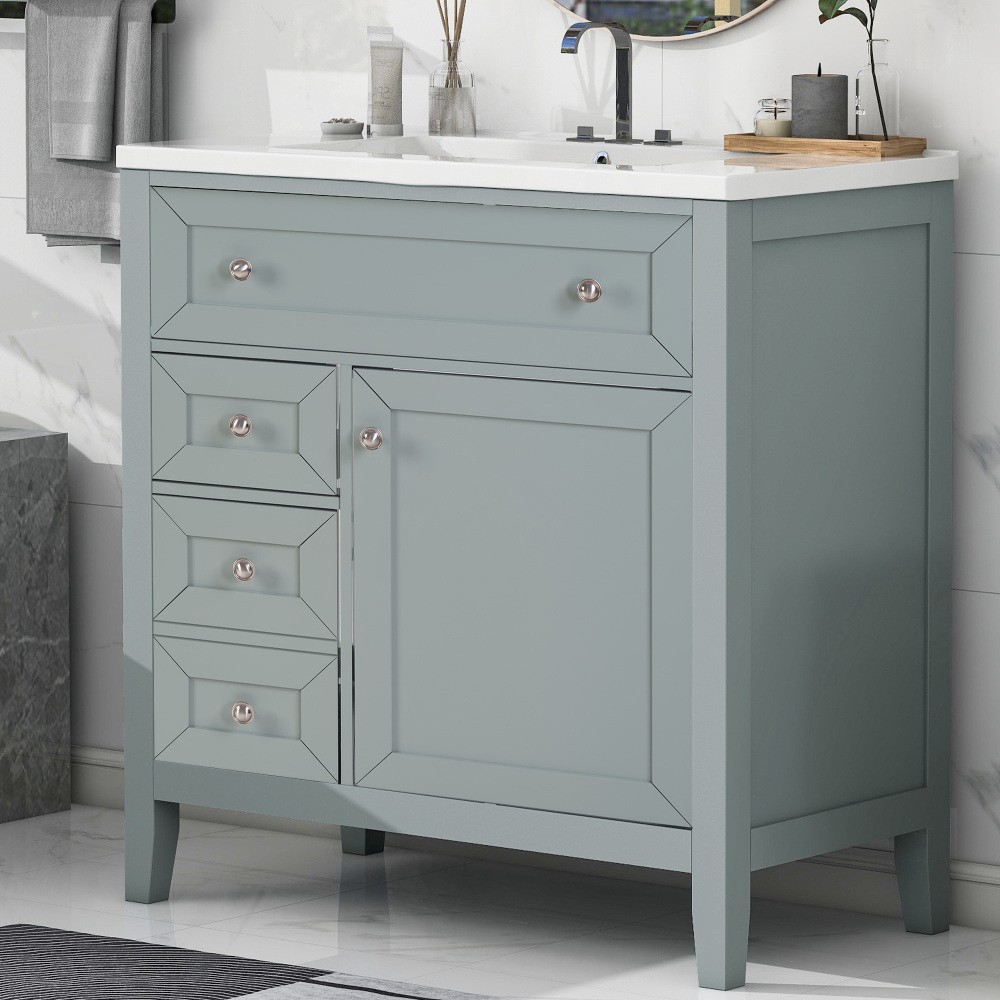 30″ Blue Grey Bathroom Vanity with Ceramic Sink – Soft-Close Drawers