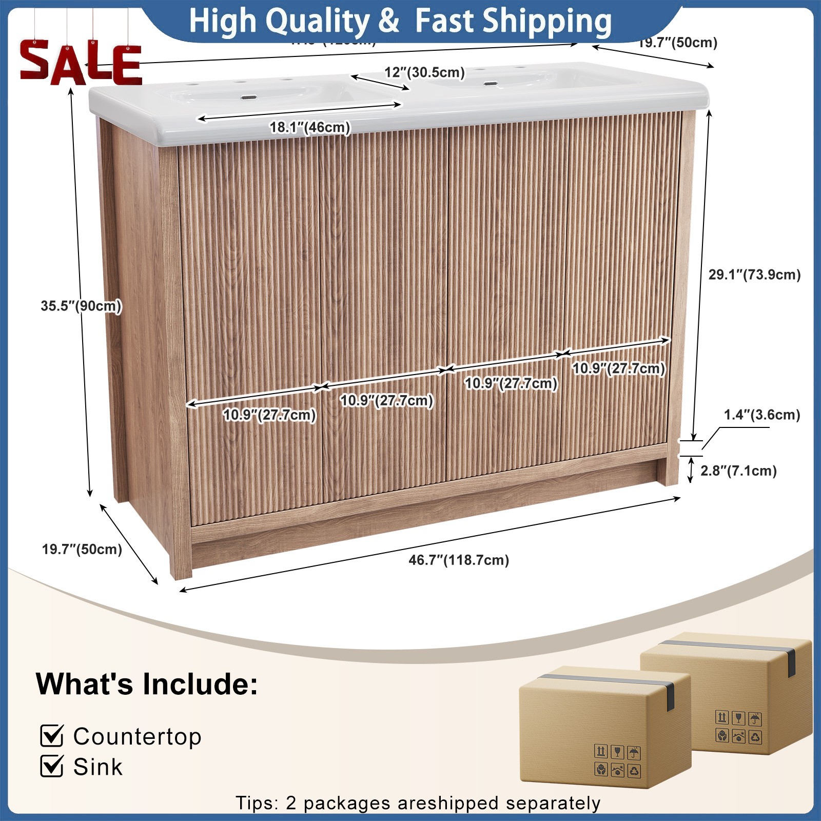 47″ Large Bathroom Vanity Double Ceramic Sink Freestanding Cabinet Storage