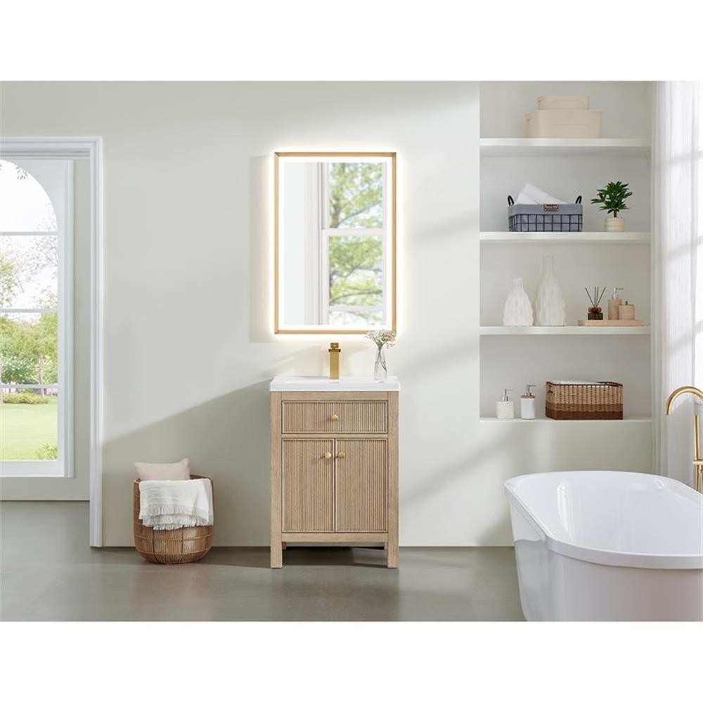 Pemberly Row 24″ Wood Vanity in Natural Oak Ceramic Integrated Sink no Mirror