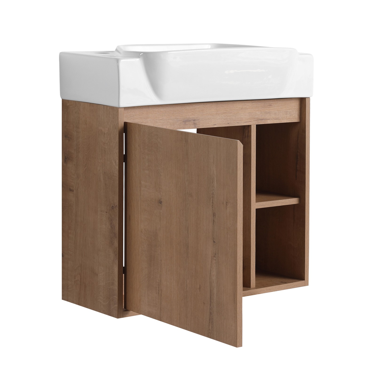 24in Plywood Wall-Mounted Bathroom Vanity W/ Ceramic Sink Basin Door Shelf Oak