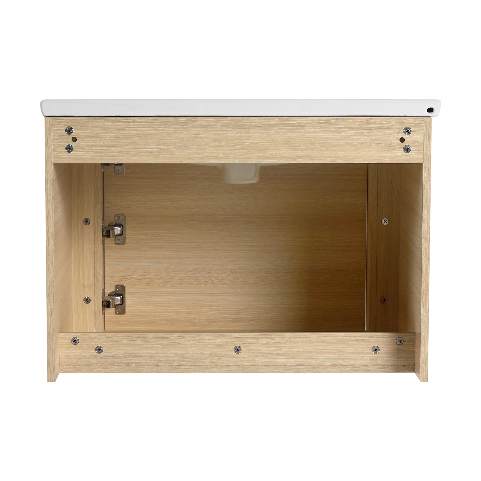 68in Plywood Wall-Mounted Bathroom Vanity W/ 2x White Ceramic Sink and Shelves