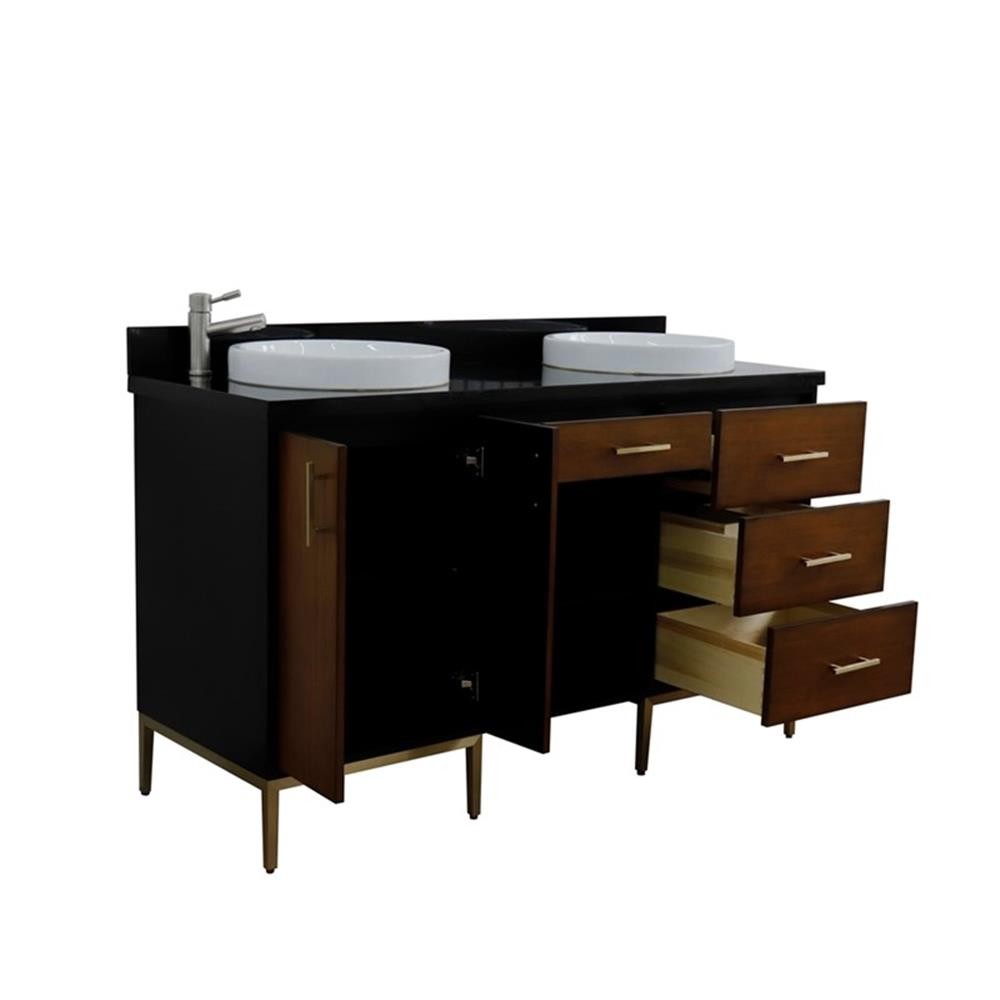 61 in. Double Wooden Vanity Walnut Black Black Galaxy Granite Round Sink