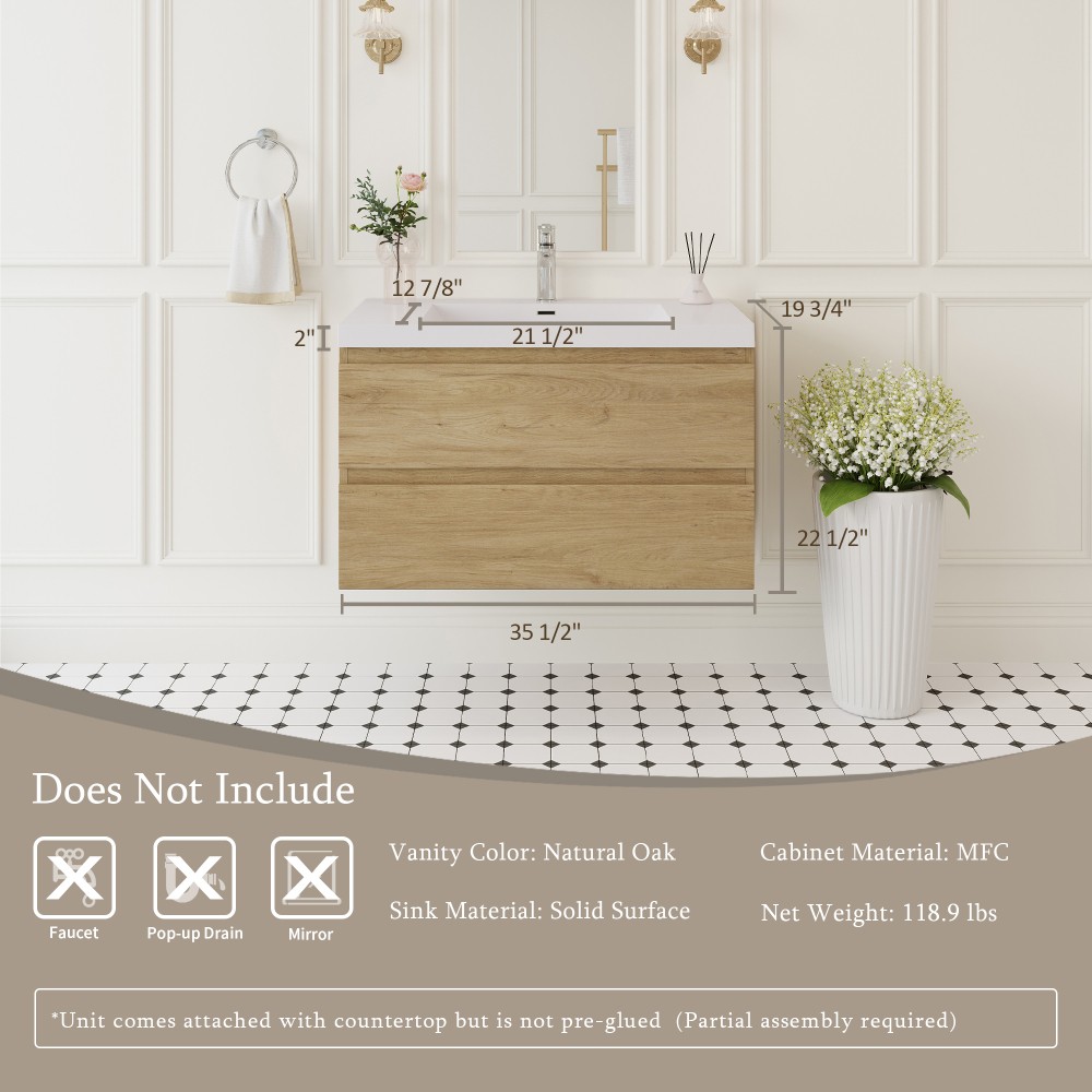 36″ Floating Vanity with Sink, Soft Close Drawers, Natural Oak Wall Cabinet