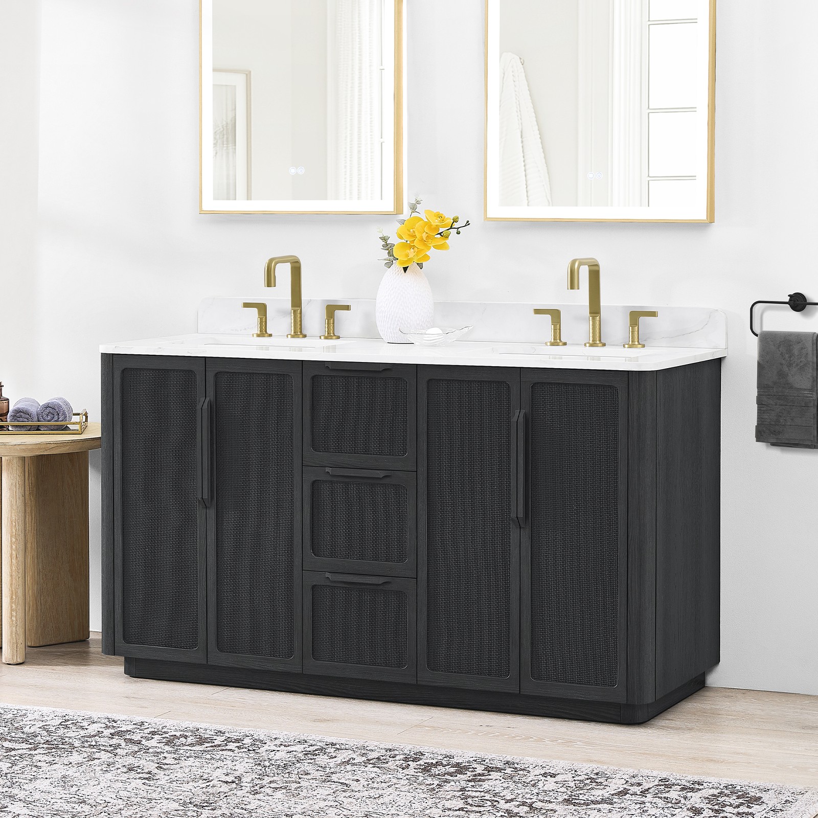 Busan 60M” Double Bath Vanity in Oak Classic Black with White Quartz Stone Top
