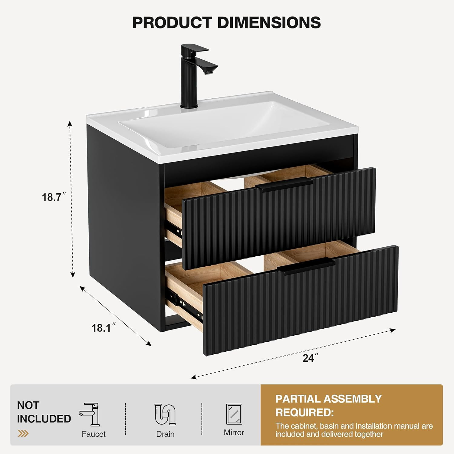 24 Inches Modern MDF Bathroom Vanity with Sink, Wall Mounted Floating Cabinets W