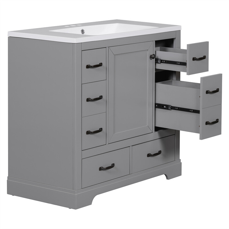 36 Inch Modern Bathroom Vanity with Sink Combo,Six Drawers,Adjustable Shelf,Grey