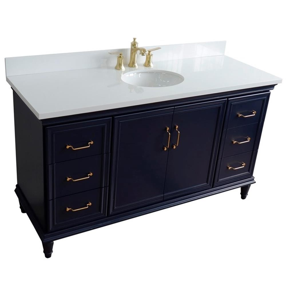 61 in. Single Wooden Vanity Blue White Quartz Oval Sink