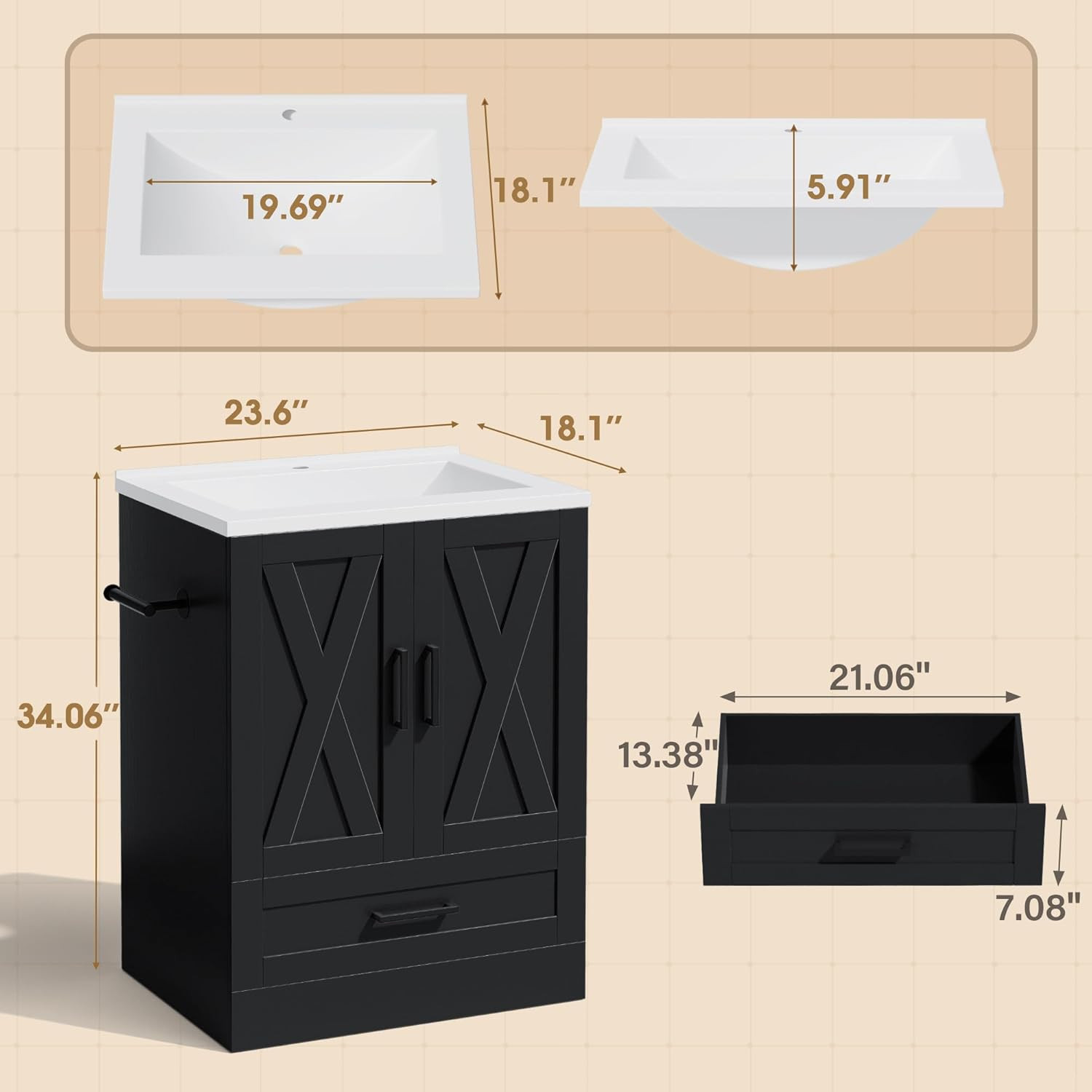 24″ Black Bathroom Vanity Sink Combo with Storage Cabinet & Easy Assembly