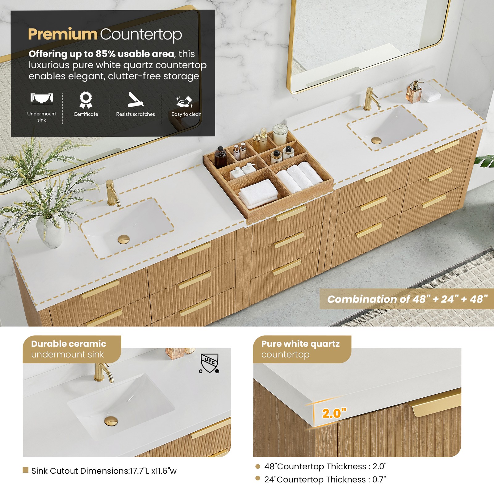 Santarem 120″ Combine Double Vanity in Washed Ash Grey with Quartz Stone Top
