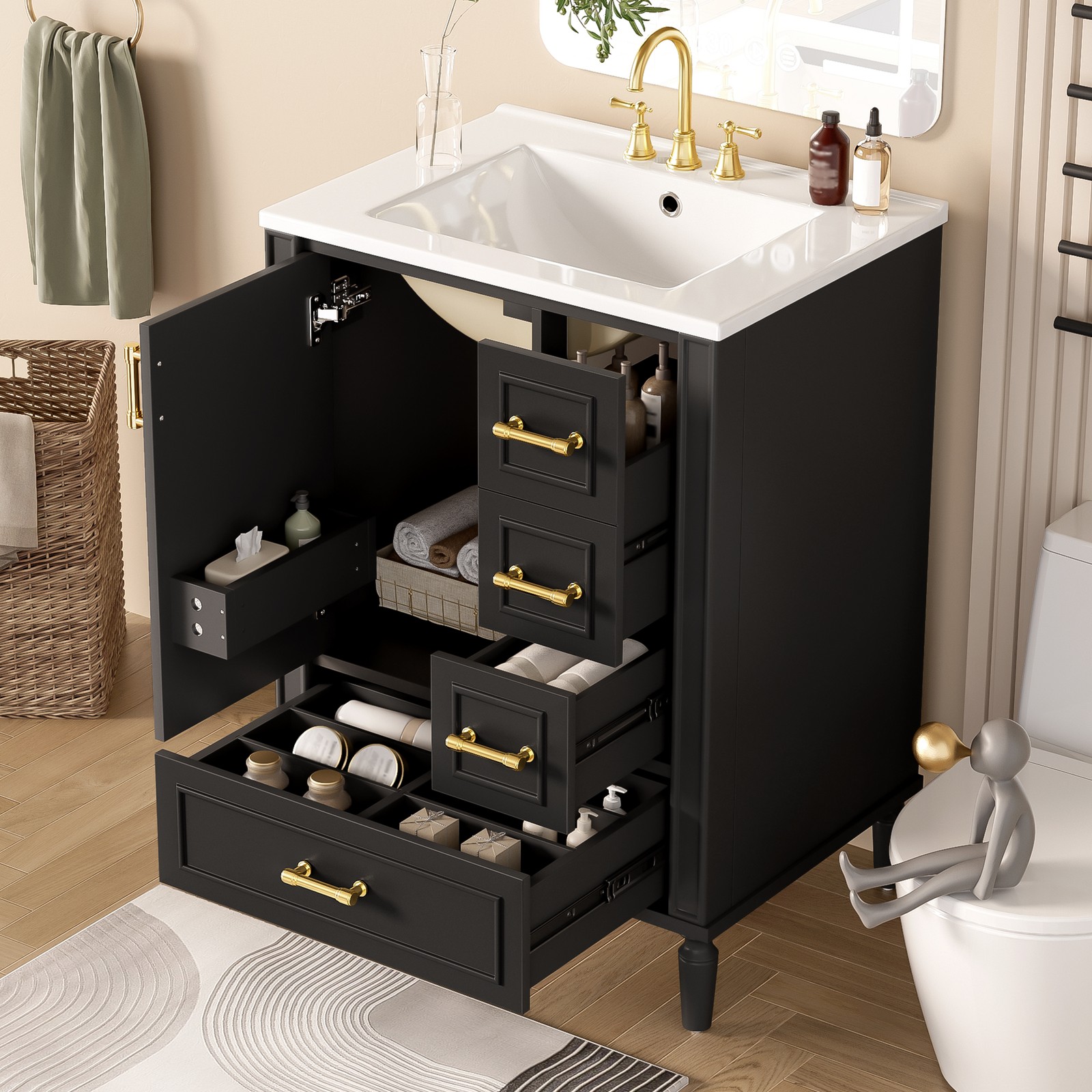 24″ Bathroom Vanity Set Floor Standing Bathroom Storage Cabinet w/Three Drawers
