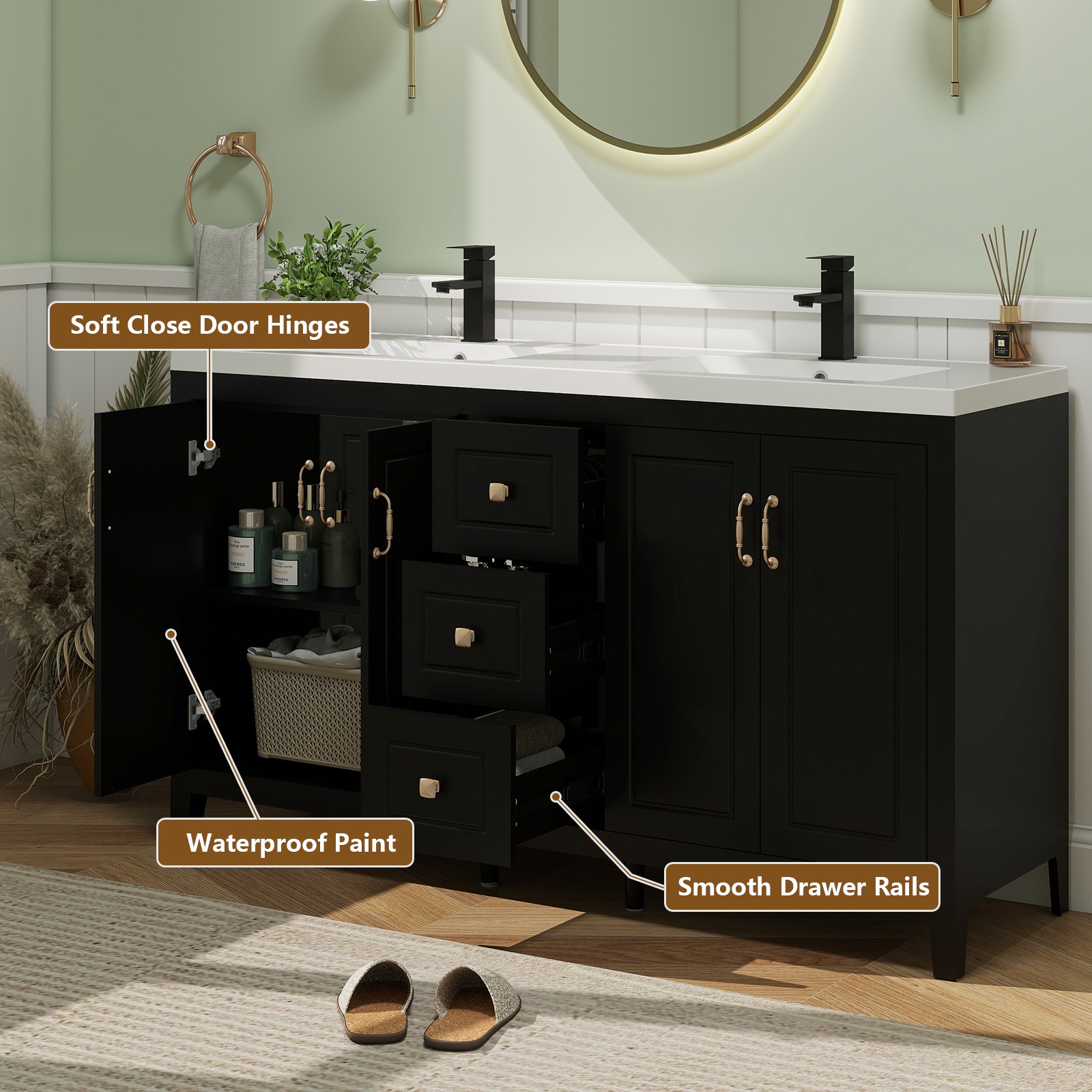 60″ Freestanding Bathroom Vanity Soft-Close 4 Doors 3 Drawers Matte Black Faucet