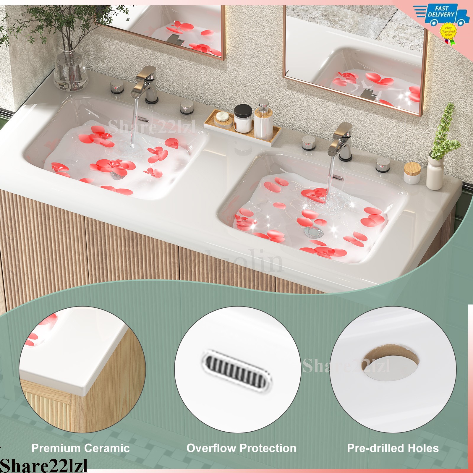 47″ Bathroom Vanity with Double Ceramic Sink, Modern Storage Cabinet with Doors