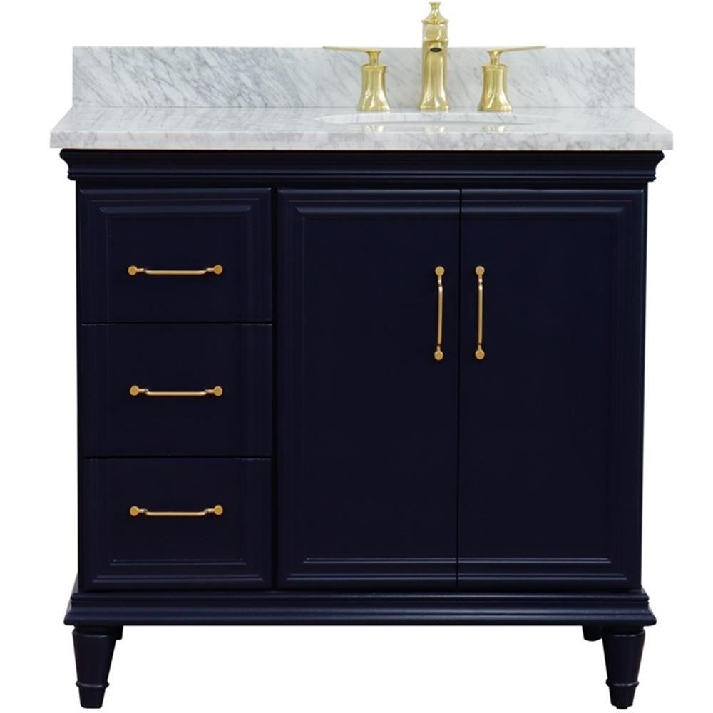 37 in. Single Wooden Vanity Blue White Carrara Oval Right Door.Right Sink